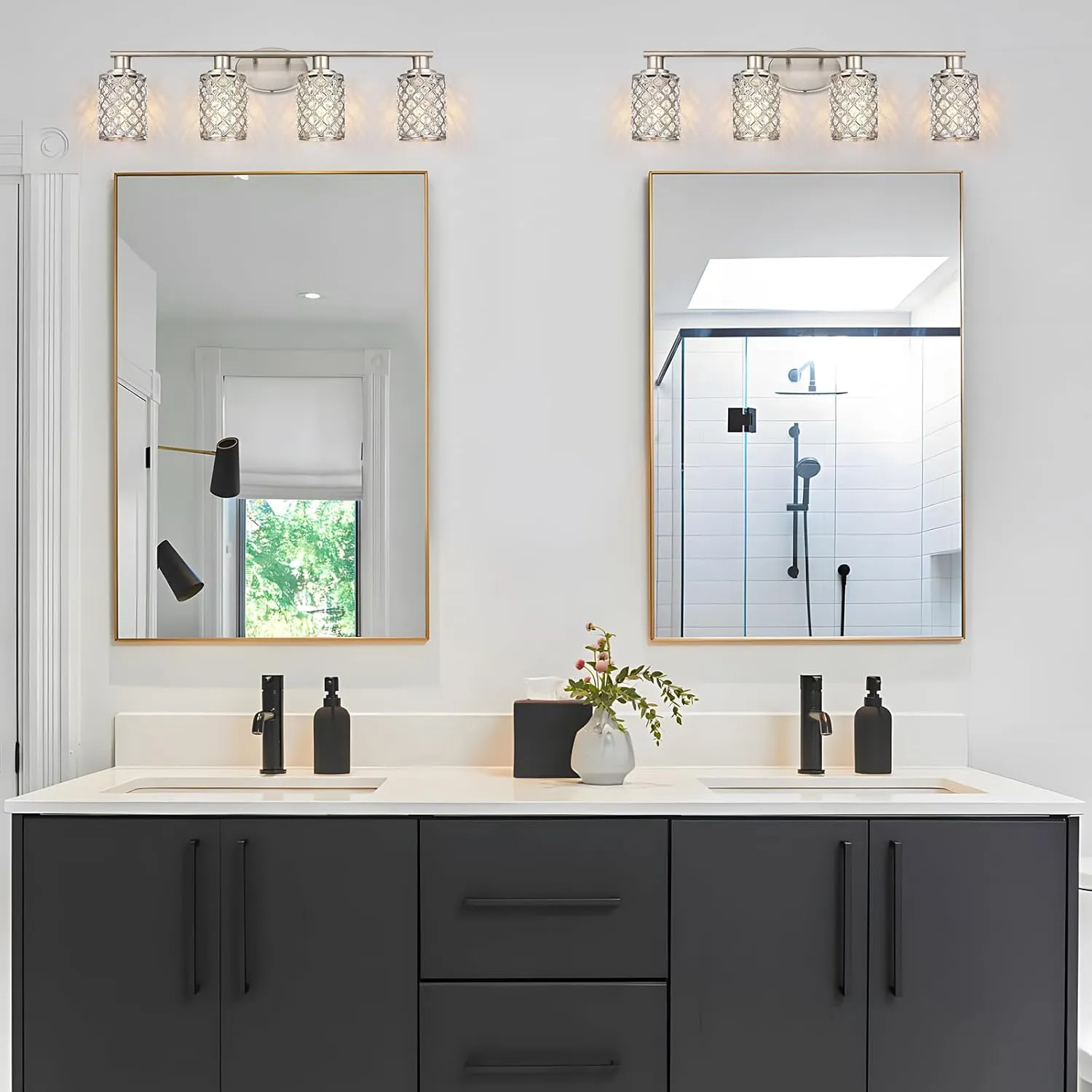 4 Light Bathroom Light Fixtures, Modern Farmhouse Vanity Light,Brushed Nickel Bathroom Lights Over Mirror,Crystal Vanity Lighting Fixtures for Bathroom,Powder Room