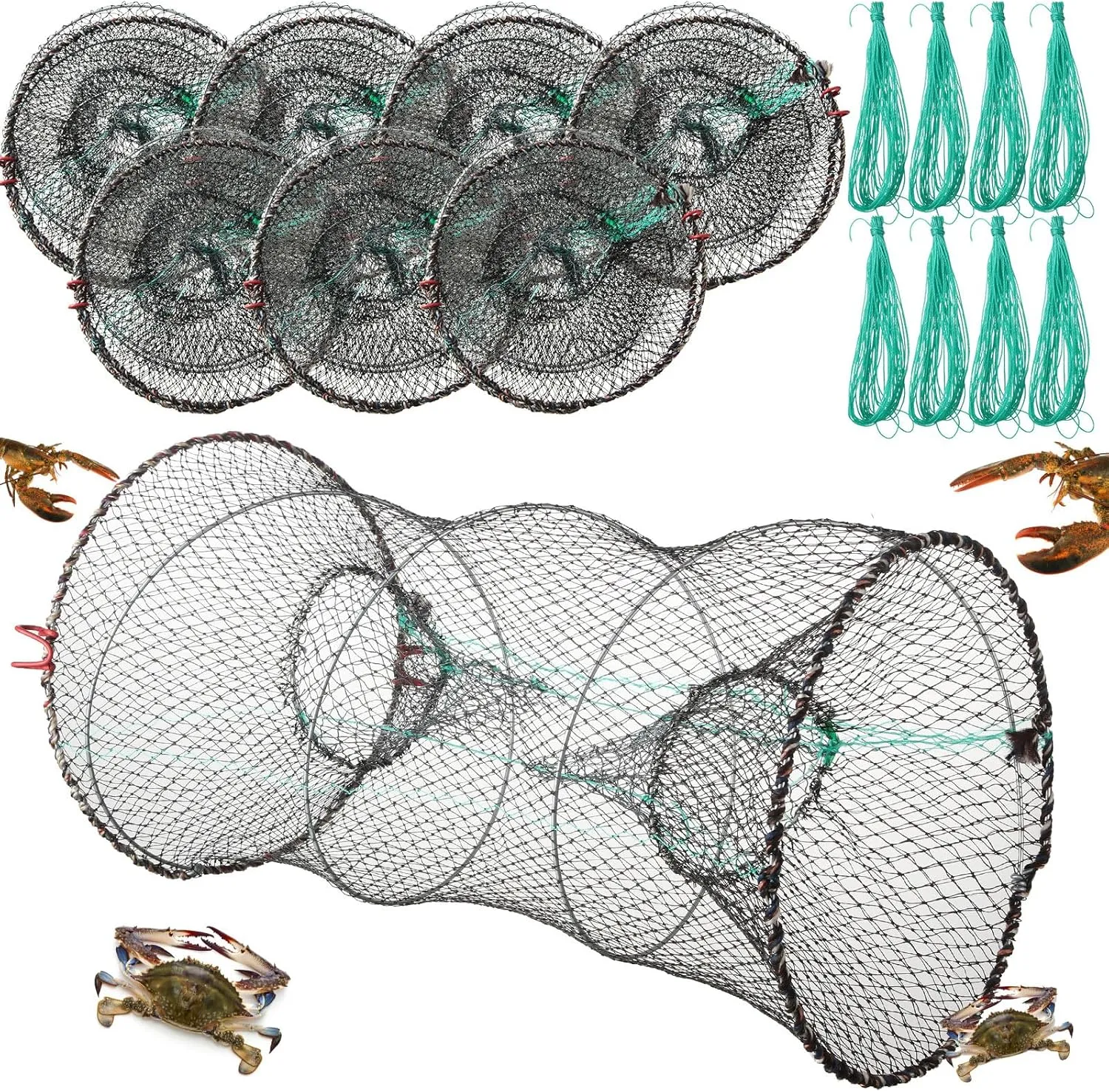 4 Pack Fishing Bait Trap Crab Trap Minnow Trap Crawfish Trap Lobster Trap Crayfish Shrimp Trap Net Portable Collapsible Fishing Traps with 49 Ft Rope Folded Fishing Accessories, 12 x 24 Inch