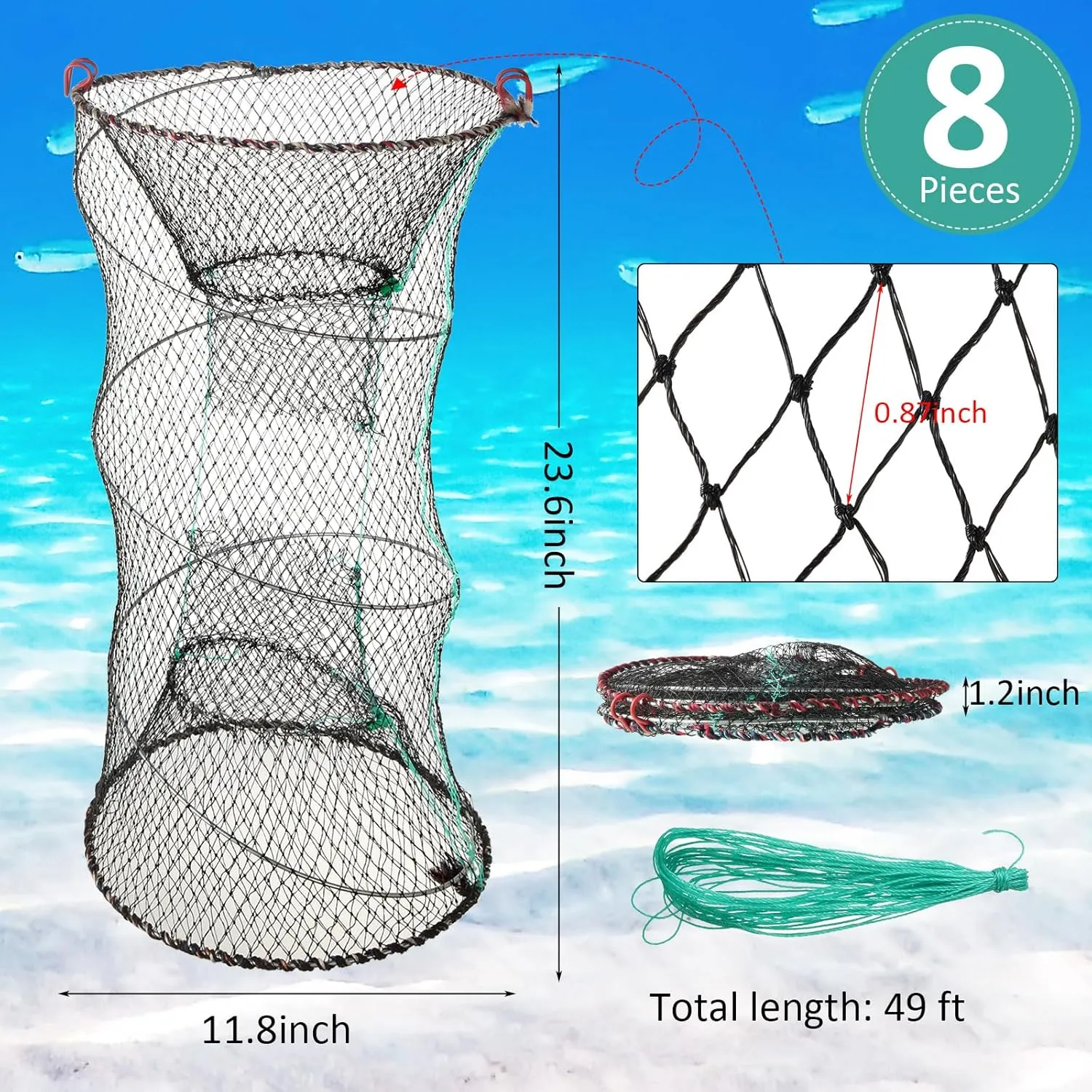 4 Pack Fishing Bait Trap Crab Trap Minnow Trap Crawfish Trap Lobster Trap Crayfish Shrimp Trap Net Portable Collapsible Fishing Traps with 49 Ft Rope Folded Fishing Accessories, 12 x 24 Inch