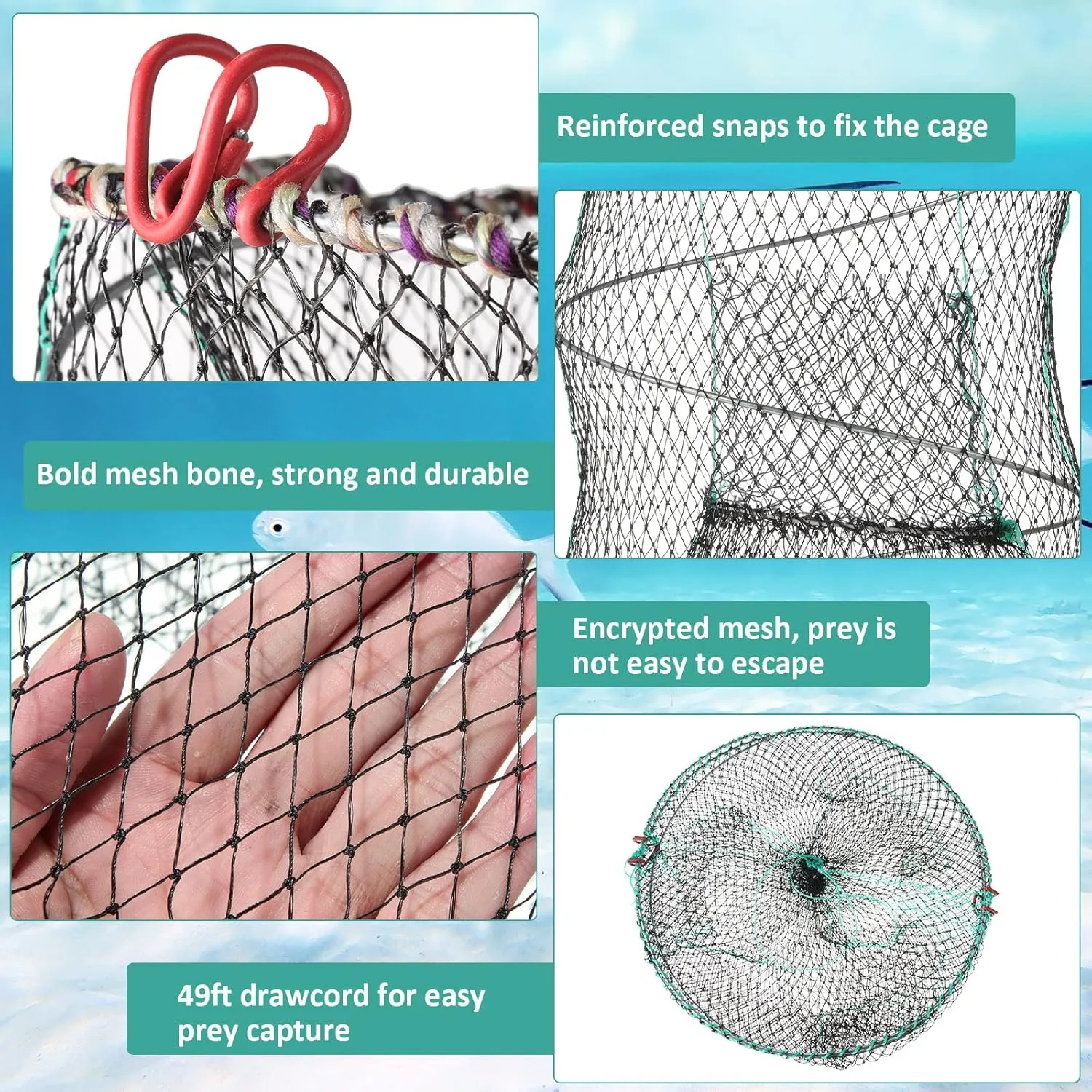 4 Pack Fishing Bait Trap Crab Trap Minnow Trap Crawfish Trap Lobster Trap Crayfish Shrimp Trap Net Portable Collapsible Fishing Traps with 49 Ft Rope Folded Fishing Accessories, 12 x 24 Inch