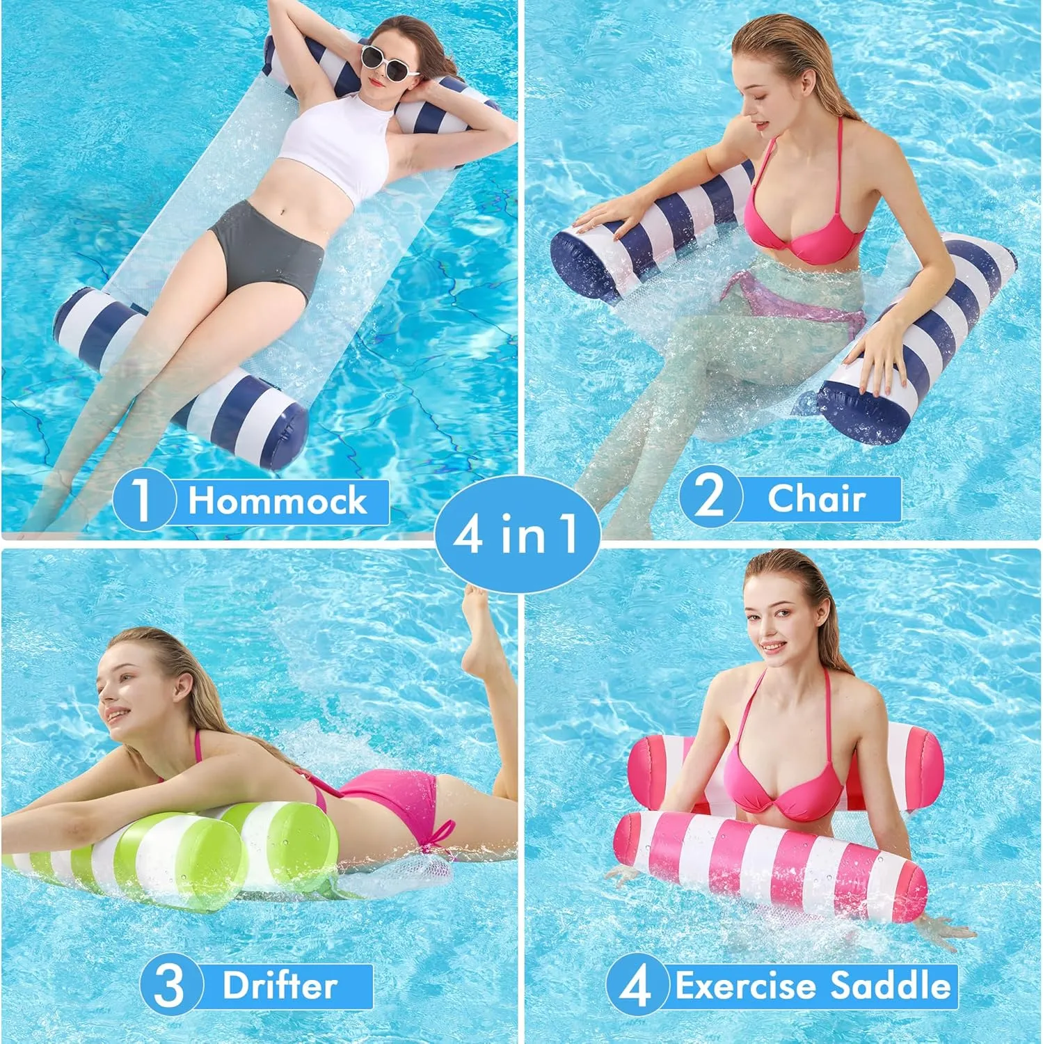 4 Pack Inflatable Pool Floats, OKSUWATER 4-in-1 Water Hammock, Pool Floats Adult Size for Swimming Pool Party Summer Lake Water Fun