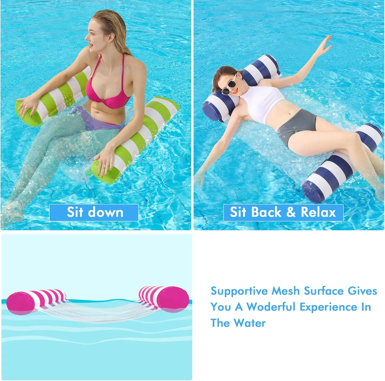4 Pack Inflatable Pool Floats, OKSUWATER 4-in-1 Water Hammock, Pool Floats Adult Size for Swimming Pool Party Summer Lake Water Fun