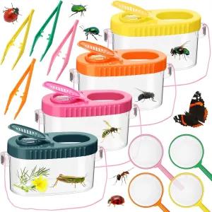 4 Sets Bug Collection Kit for Kids, Explorer Outdoor Kit with Bug Containers for Insects, Magnifying Glass, Tweezers, Nature Exploration Gift Toy for Girls Boys(4 Colors)