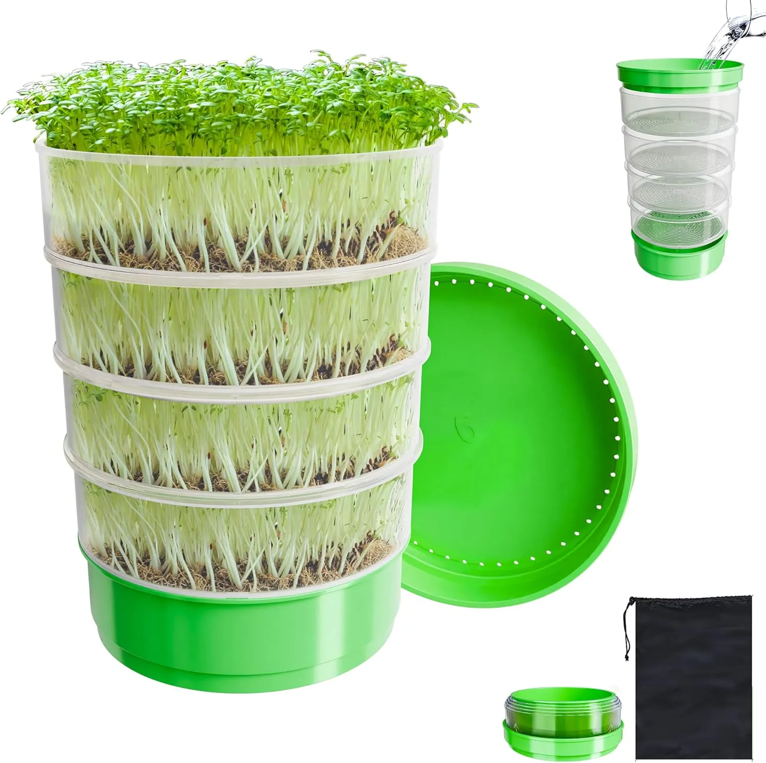 4-Tier Seed Sprouting Kit, Stackable Microgreens Growing Kit with Drain Trays and Blackout Sleeves, Green Soil-Free Seed Sprouter Tray for Growing Organic Mung Beans, Broccoli, Alfalfa