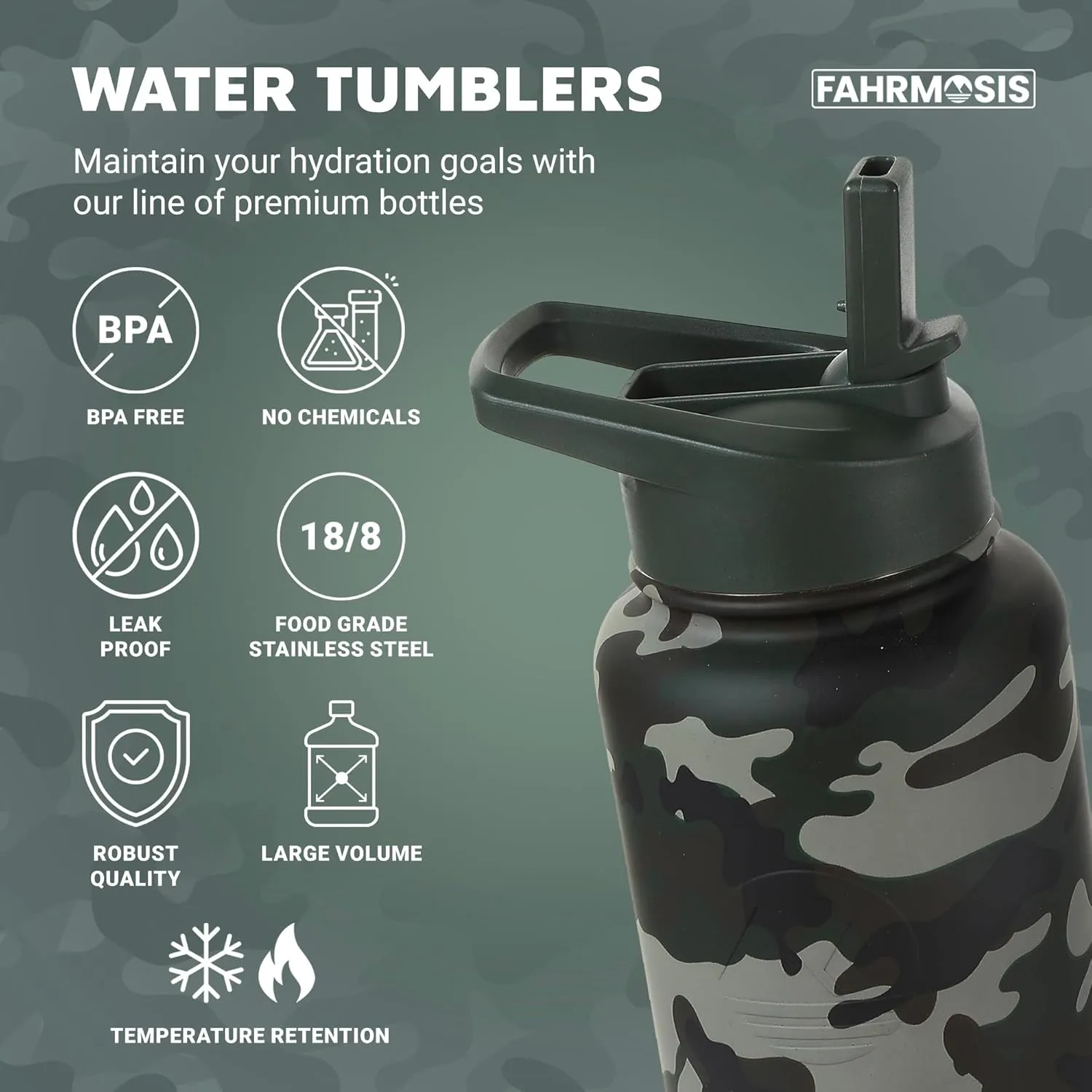 40 Oz Water Bottle with Straw Stainless Steel Sports Water Bottle with 3 Lids (Straw, Chug and Flip Lid) Insulated Leak Proof Metal Jug for Men & Women - Camo