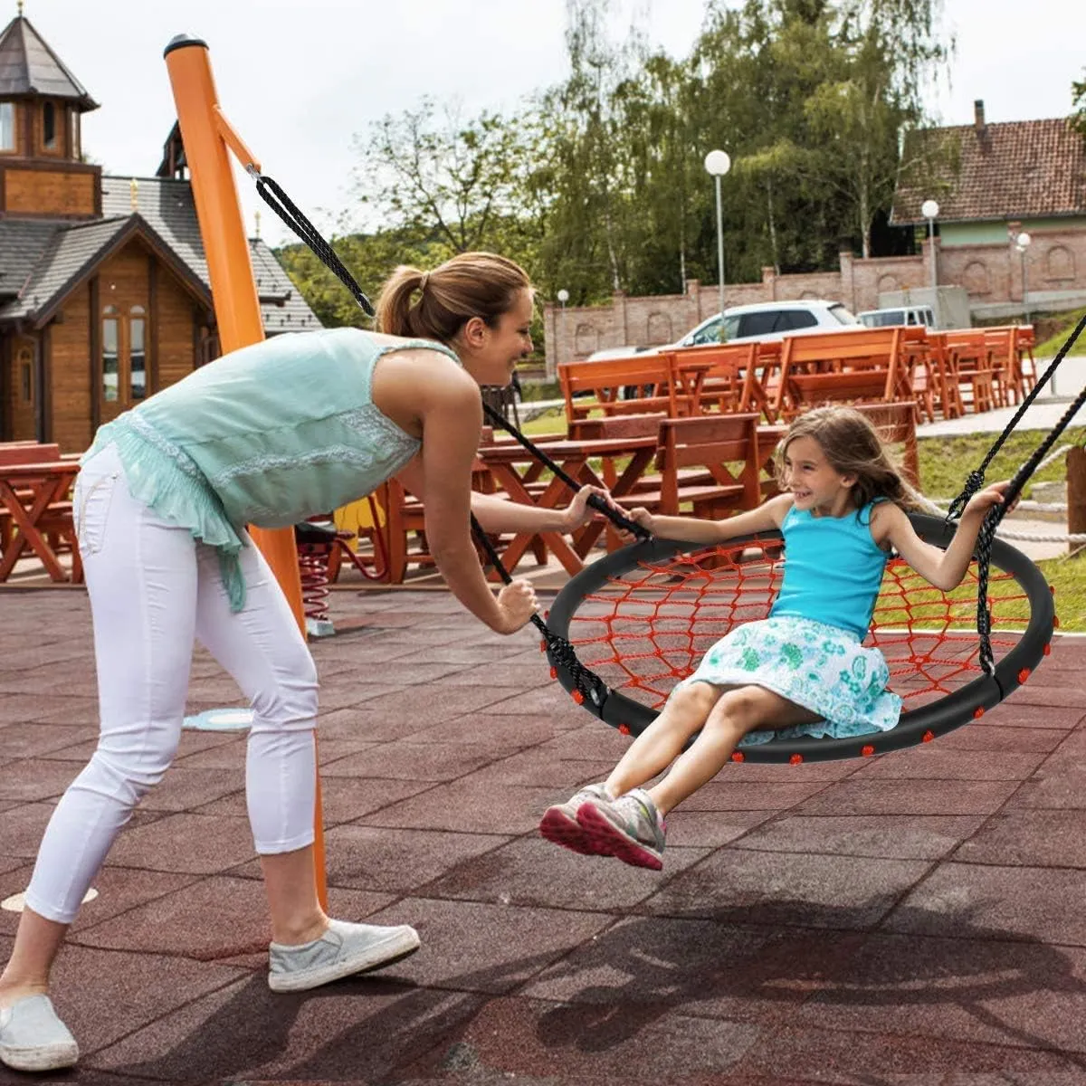 40'' Spider Web Tree Saucer Swing, Flying Round Tree Swing Set w/Adjustable Ropes, Sturdy Metal Frame, Premium Weight Capacity, All-Weather Resistant, Kids Outdoor Disk Swing (Orange)