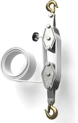 4000LBS Block and Tackle Pulley System, Heavy Duty 66 FT Rope Pulley, Four-Wheel Pulley Hoist System with 7:1 Lifting Power and 270° Rotatable Hook for Furniture Motorcycle Boat