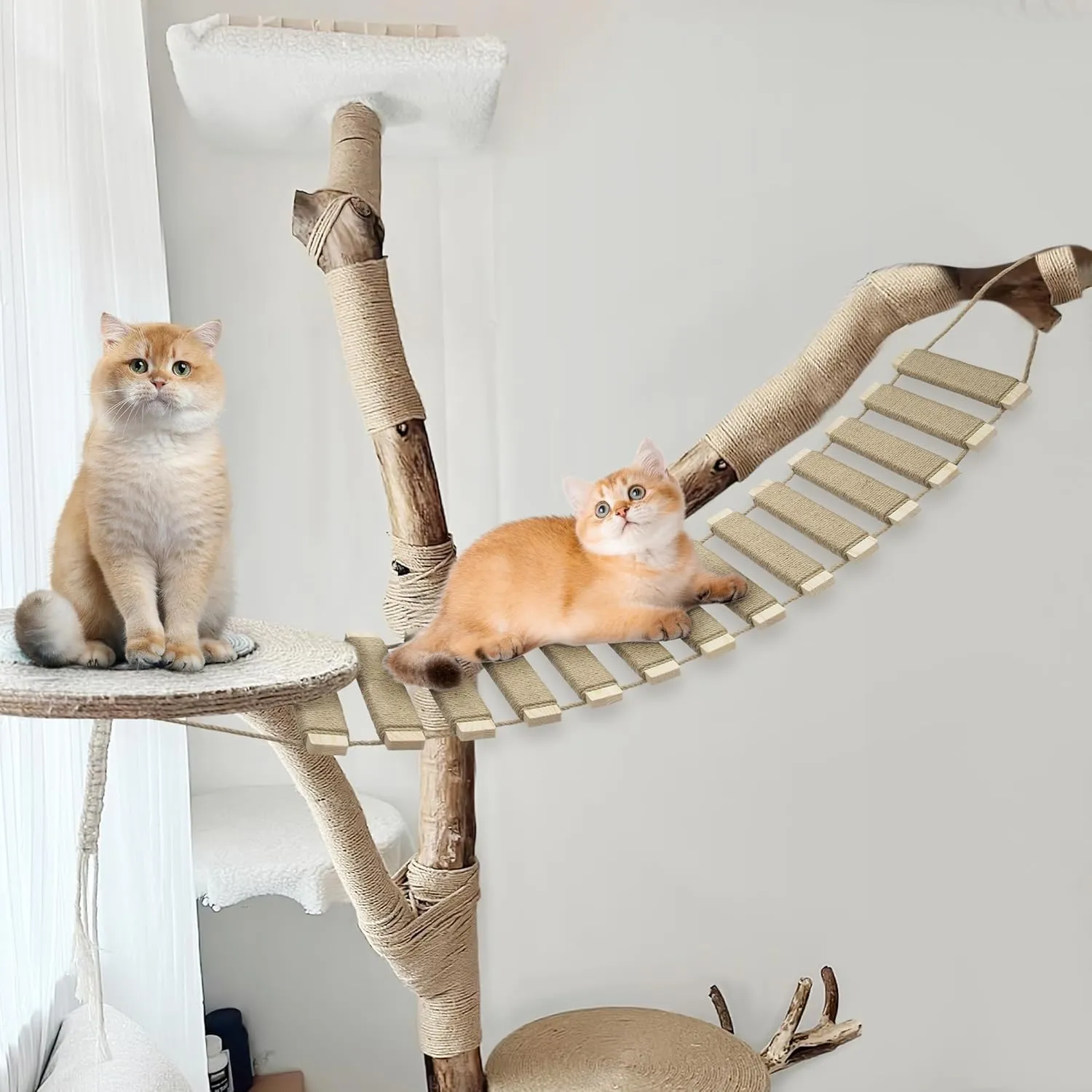 40in Cat Climbing Ladder & Bridge - Multi-Functional DIY Cat Wall Furniture with Sisal Rope for Indoor/Outdoor Cats, Parrots, and Small Pets (Wood Tone, L-40in)
