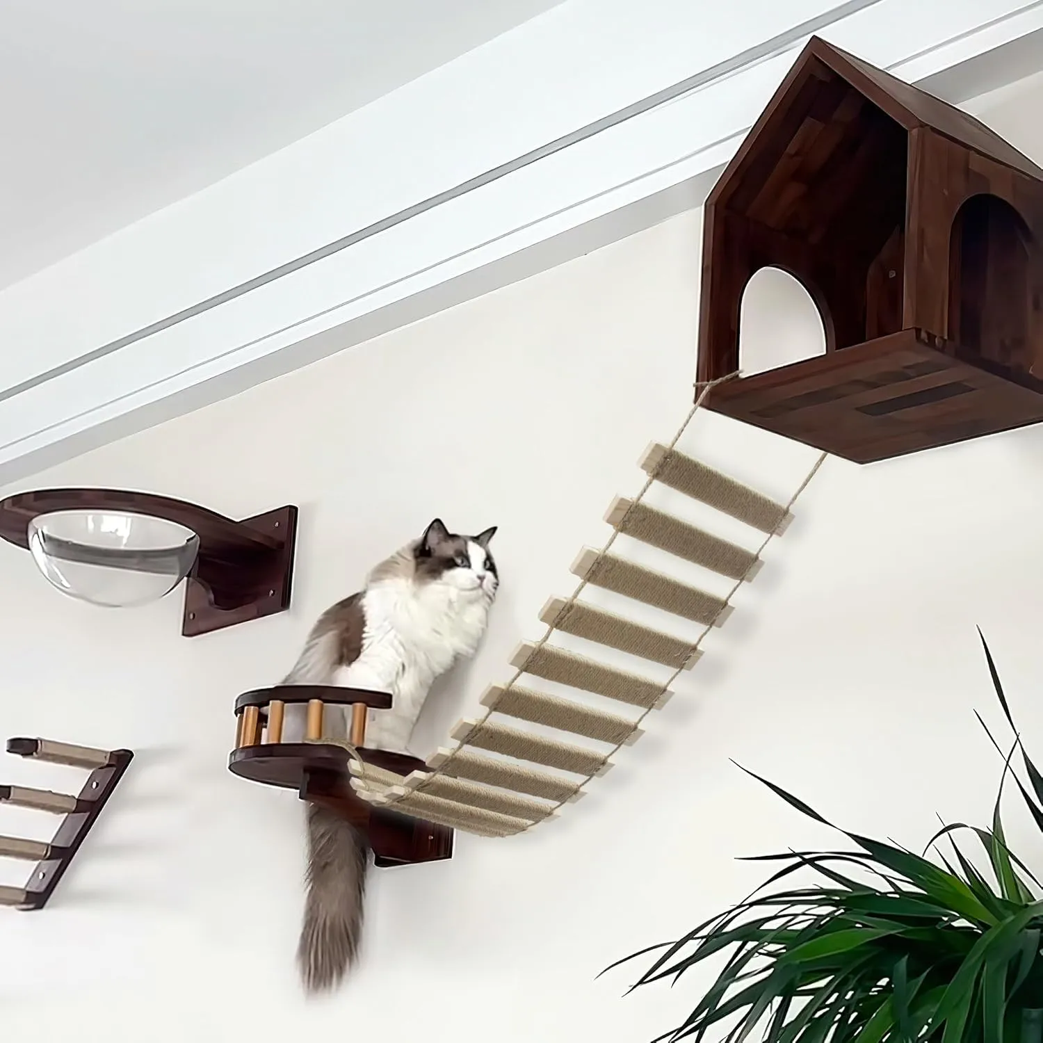 40in Cat Climbing Ladder & Bridge - Multi-Functional DIY Cat Wall Furniture with Sisal Rope for Indoor/Outdoor Cats, Parrots, and Small Pets (Wood Tone, L-40in)
