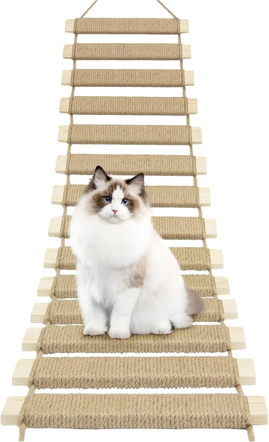 40in Cat Climbing Ladder & Bridge - Multi-Functional DIY Cat Wall Furniture with Sisal Rope for Indoor/Outdoor Cats, Parrots, and Small Pets (Wood Tone, L-40in)