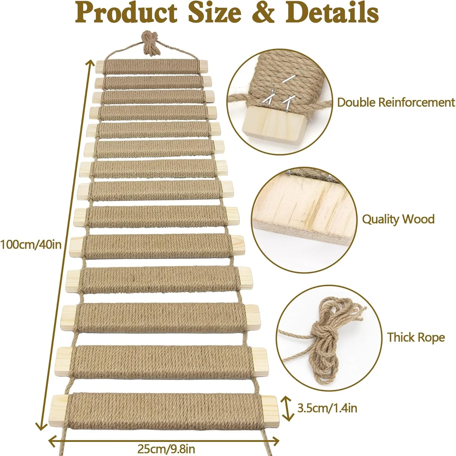 40in Cat Climbing Ladder & Bridge - Multi-Functional DIY Cat Wall Furniture with Sisal Rope for Indoor/Outdoor Cats, Parrots, and Small Pets (Wood Tone, L-40in)