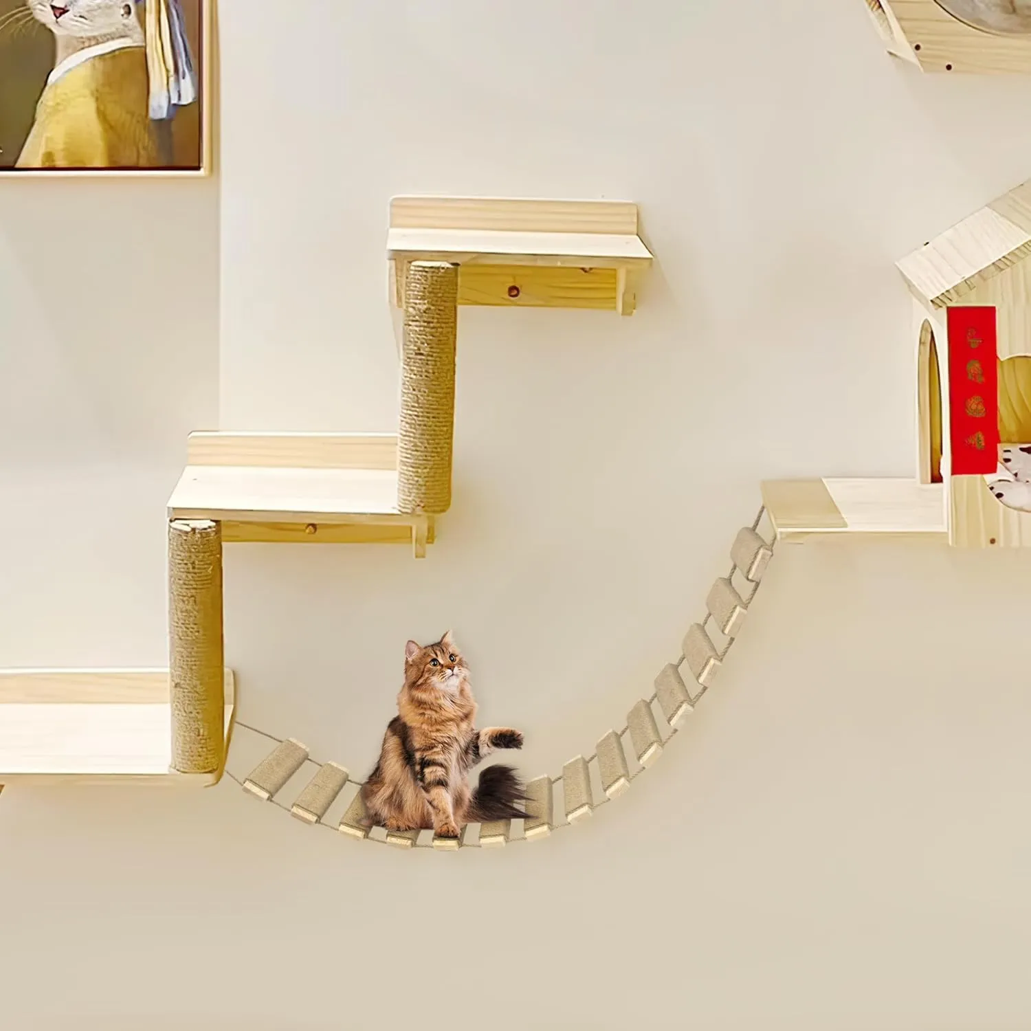 40in Cat Climbing Ladder & Bridge - Multi-Functional DIY Cat Wall Furniture with Sisal Rope for Indoor/Outdoor Cats, Parrots, and Small Pets (Wood Tone, L-40in)