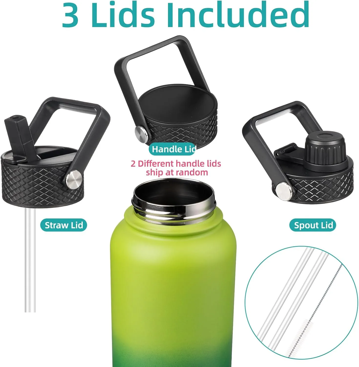 40oz Insulated Water Bottle Stainless Steel Sport Bottles with 3 Lids,Bamboo Grove