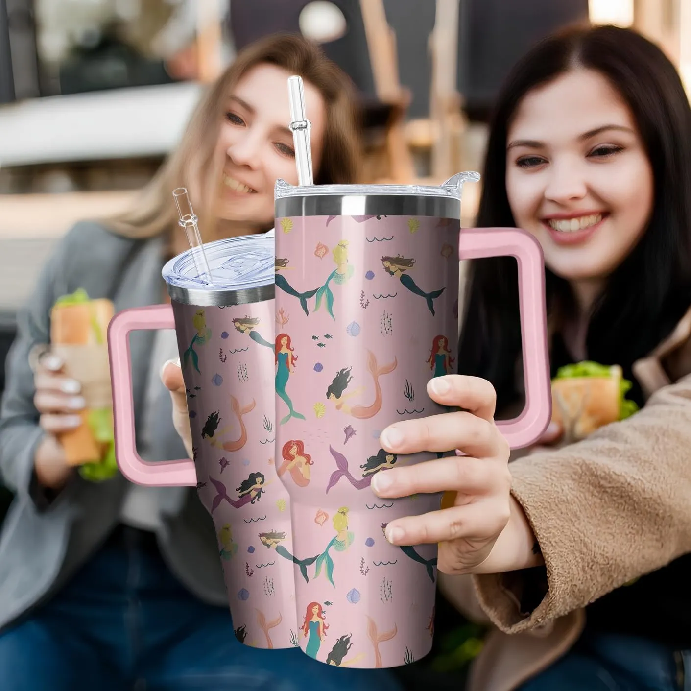 40oz Mermaid Tumbler with Handle and Straw, Animal Lovers Gifts for Women, Stainless Steel Travel Mug Water Bottle, Vacuum Insulated Cup with Lid