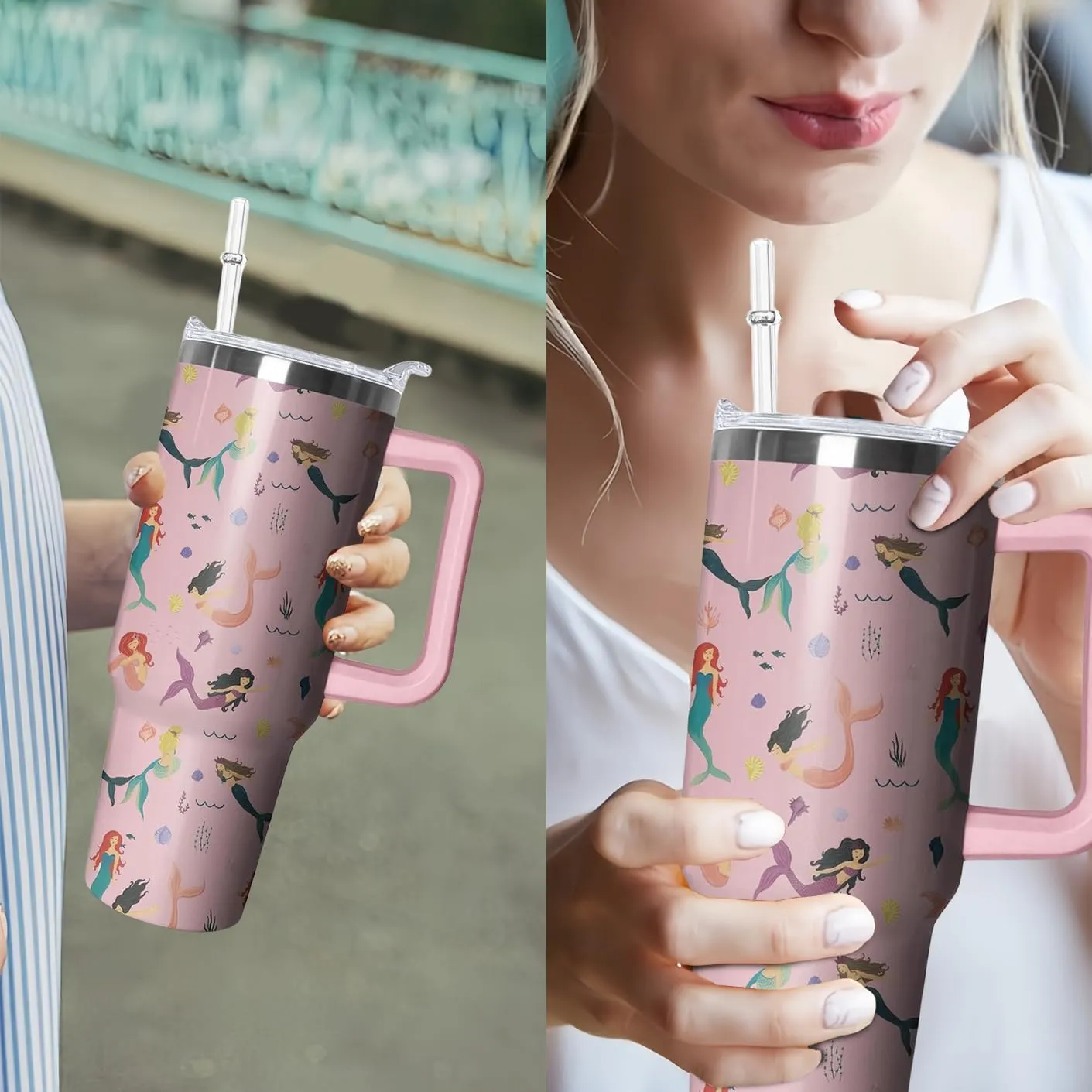 40oz Mermaid Tumbler with Handle and Straw, Animal Lovers Gifts for Women, Stainless Steel Travel Mug Water Bottle, Vacuum Insulated Cup with Lid
