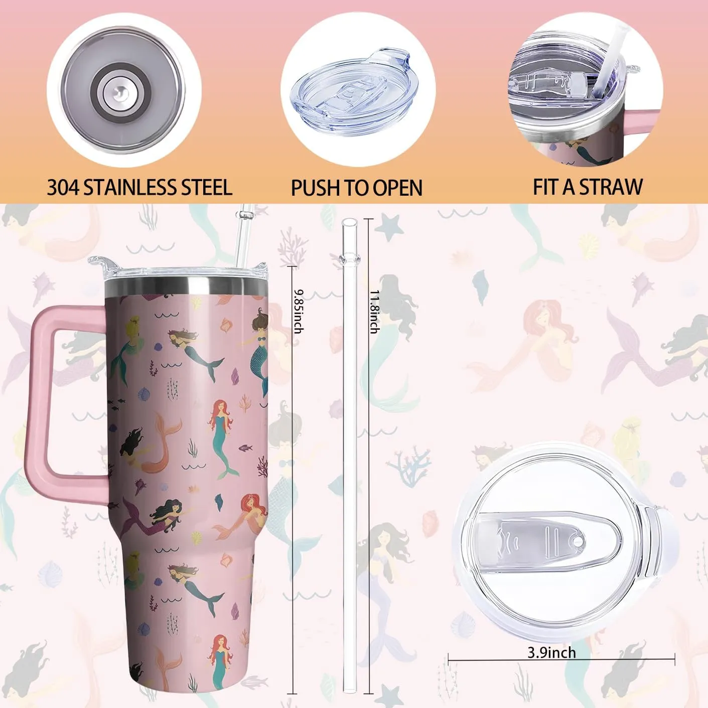 40oz Mermaid Tumbler with Handle and Straw, Animal Lovers Gifts for Women, Stainless Steel Travel Mug Water Bottle, Vacuum Insulated Cup with Lid