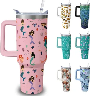 40oz Mermaid Tumbler with Handle and Straw, Animal Lovers Gifts for Women, Stainless Steel Travel Mug Water Bottle, Vacuum Insulated Cup with Lid