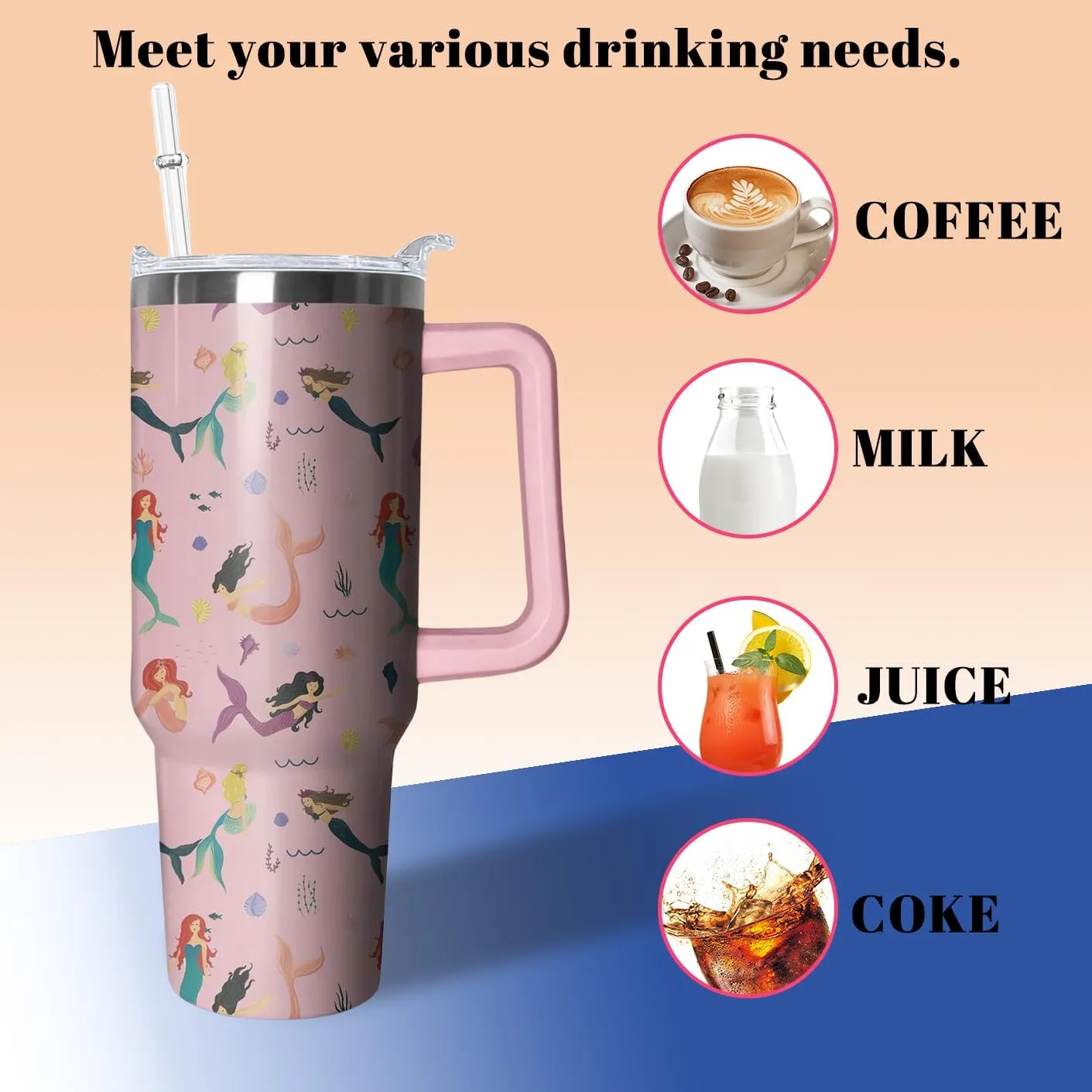 40oz Mermaid Tumbler with Handle and Straw, Animal Lovers Gifts for Women, Stainless Steel Travel Mug Water Bottle, Vacuum Insulated Cup with Lid