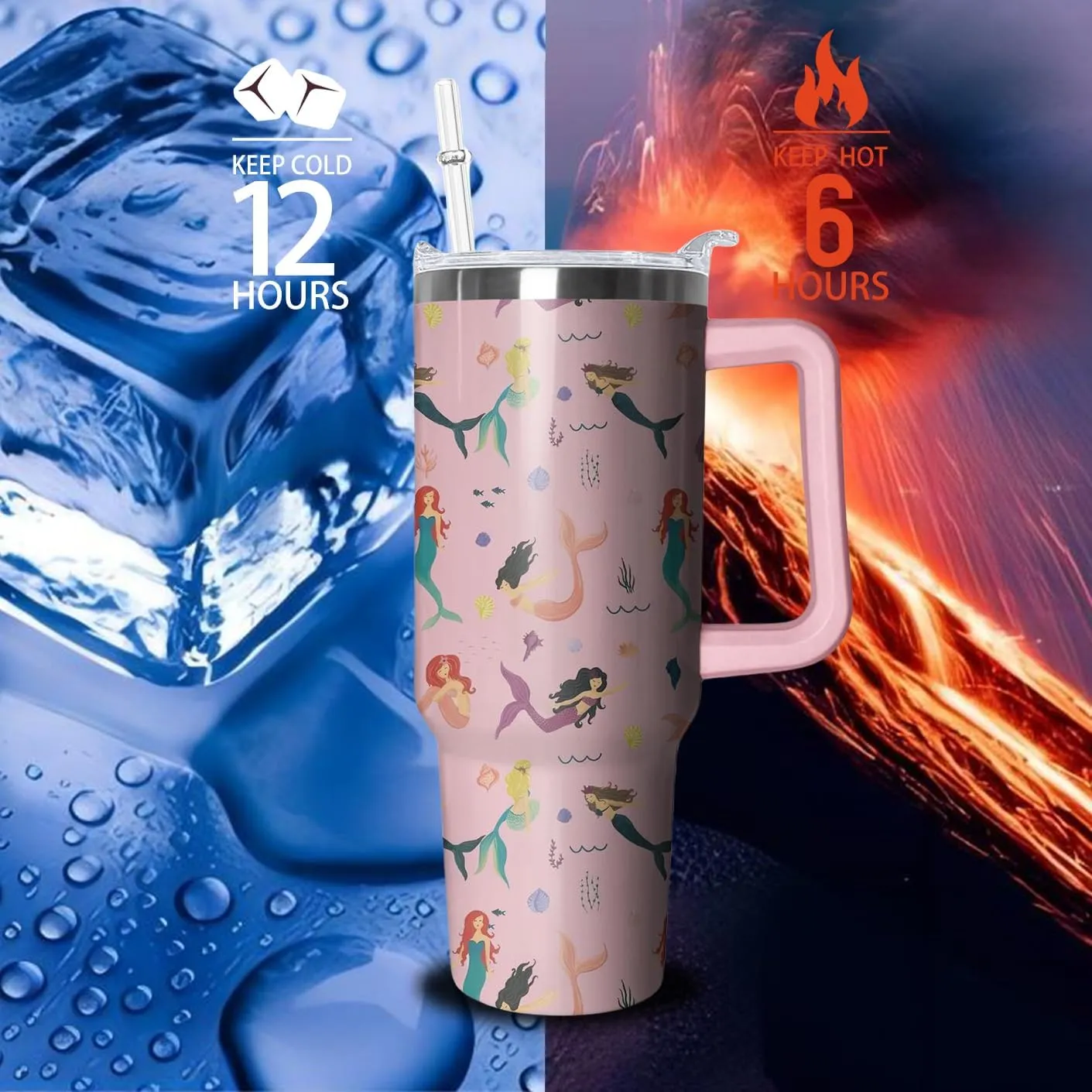 40oz Mermaid Tumbler with Handle and Straw, Animal Lovers Gifts for Women, Stainless Steel Travel Mug Water Bottle, Vacuum Insulated Cup with Lid