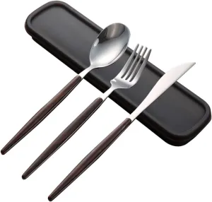 4pcs Portable Stainless Steel Tableware Set Walnut Handle Fork Spoon Box for Travel Office Picnic and Dining