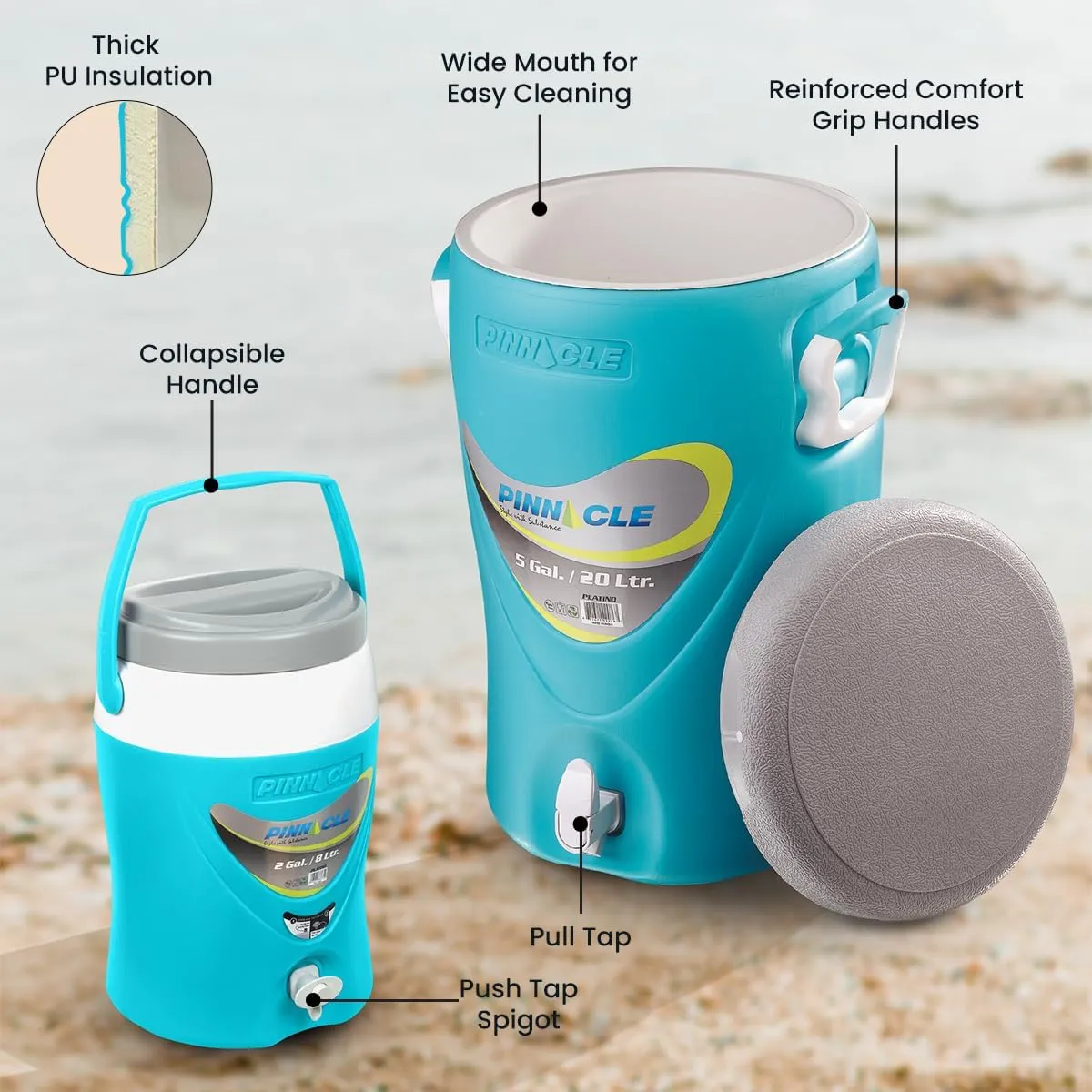 5-Gallon Water Jug and 2-Gallon Gallon Water Bottle Set – Insulated Beverage Cooler Dispenser with Pull Tap Spout – Leakproof and Portable Sports Water Jug – Ideal for Camping, Outdoor, Party, Sports