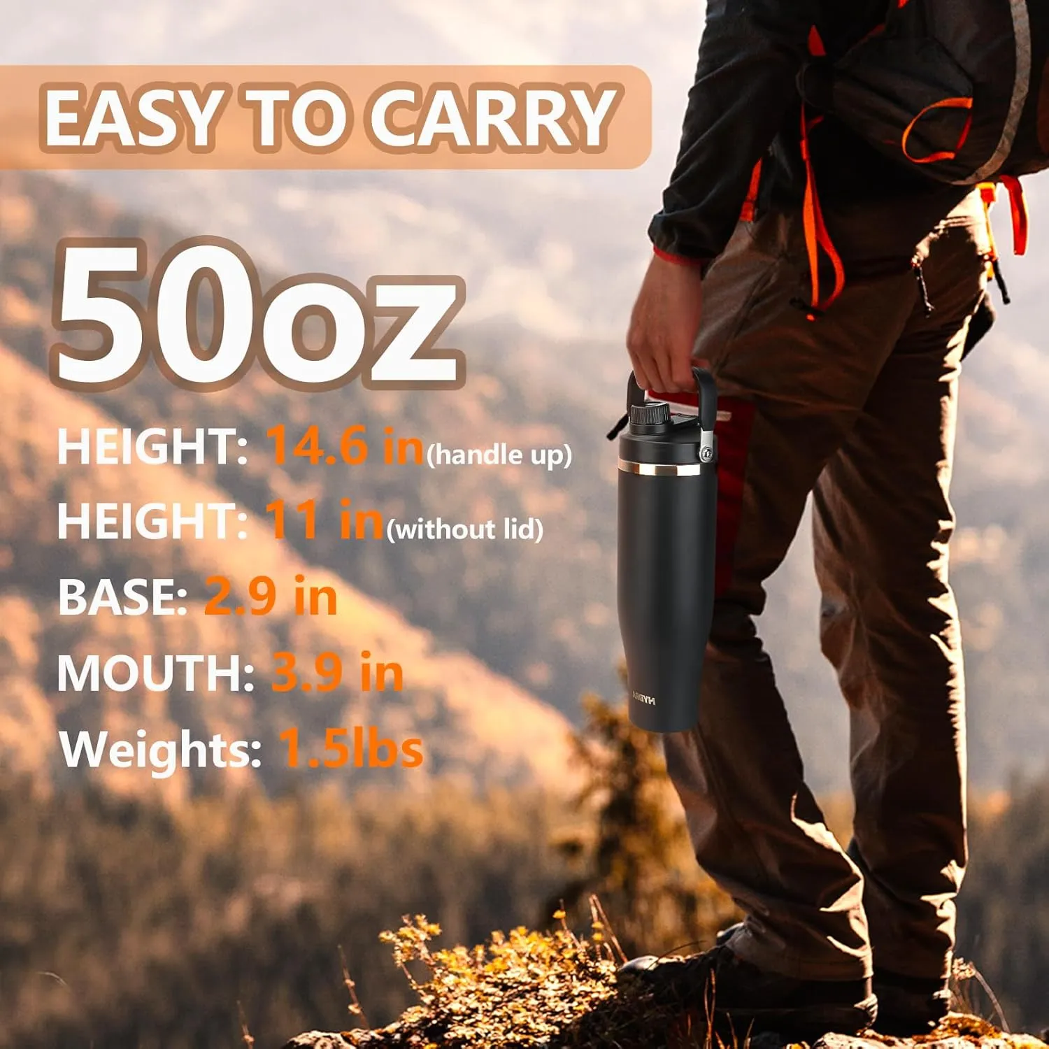 50 oz Stainless Steel Water Bottle with Spout Lid & Handle, Insulated Large Hydration Bottle for Cold & Hot Drinks, Leak-Proof Metal Tumbler for Travel, Gym, and Outdoor