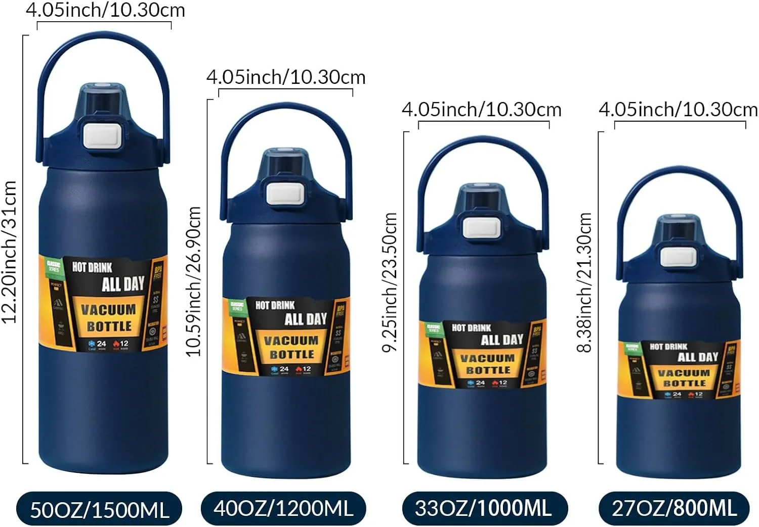 50oz /1500ml Insulated Water Bottle With Straw and Leakproof Lid, BPA Free Stainless Steel Wide Mouth Sports Water Bottle Cup With Portable Handle Double Wall Vacuum Keep Cold and Hot (navy)