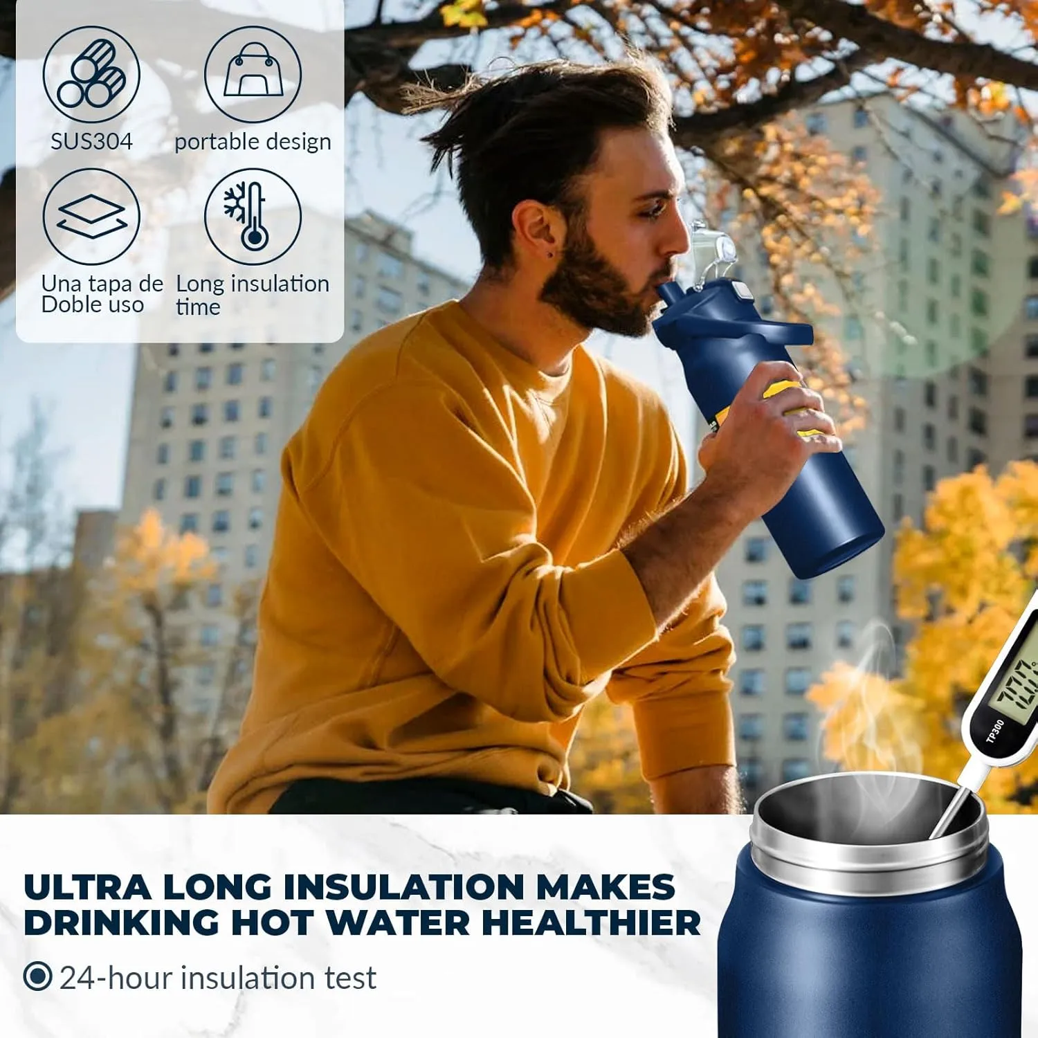 50oz /1500ml Insulated Water Bottle With Straw and Leakproof Lid, BPA Free Stainless Steel Wide Mouth Sports Water Bottle Cup With Portable Handle Double Wall Vacuum Keep Cold and Hot (navy)