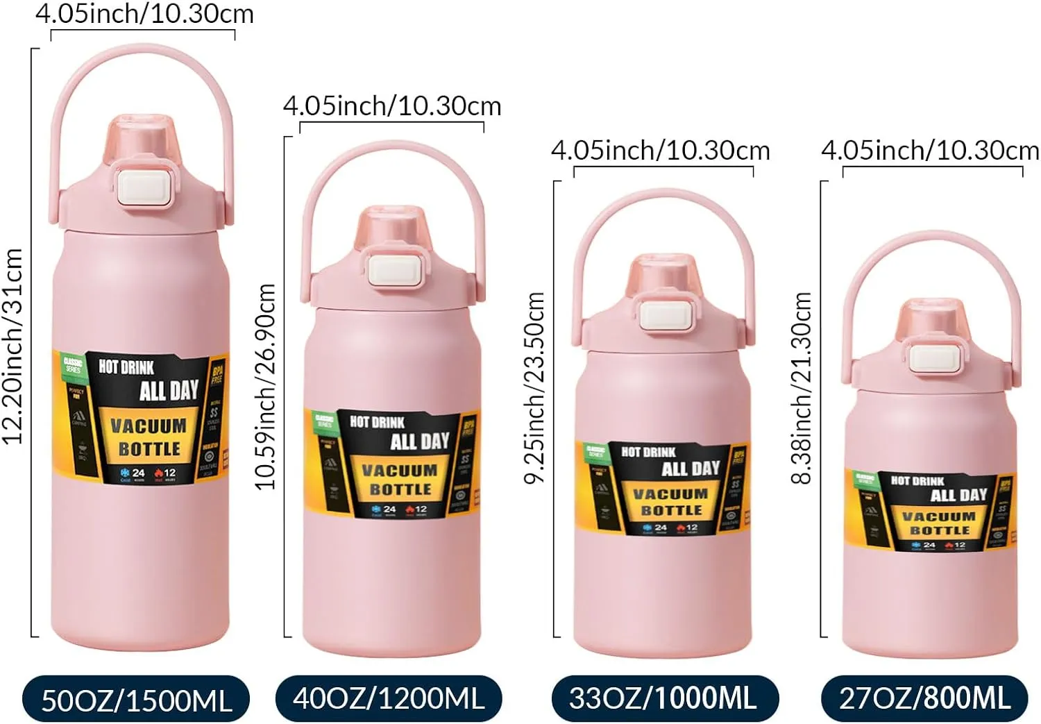 50oz /1500ml Insulated Water Bottle With Straw and Leakproof Lid, BPA Free Stainless Steel Wide Mouth Sports Water Bottle Cup With Portable Handle Double Wall Vacuum Keep Cold and Hot (pink)