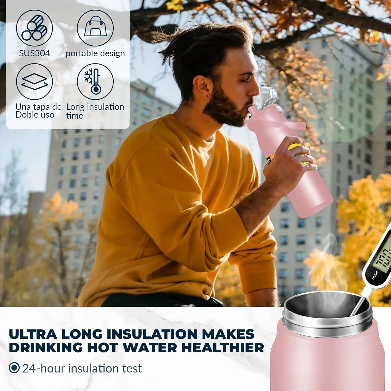 50oz /1500ml Insulated Water Bottle With Straw and Leakproof Lid, BPA Free Stainless Steel Wide Mouth Sports Water Bottle Cup With Portable Handle Double Wall Vacuum Keep Cold and Hot (pink)