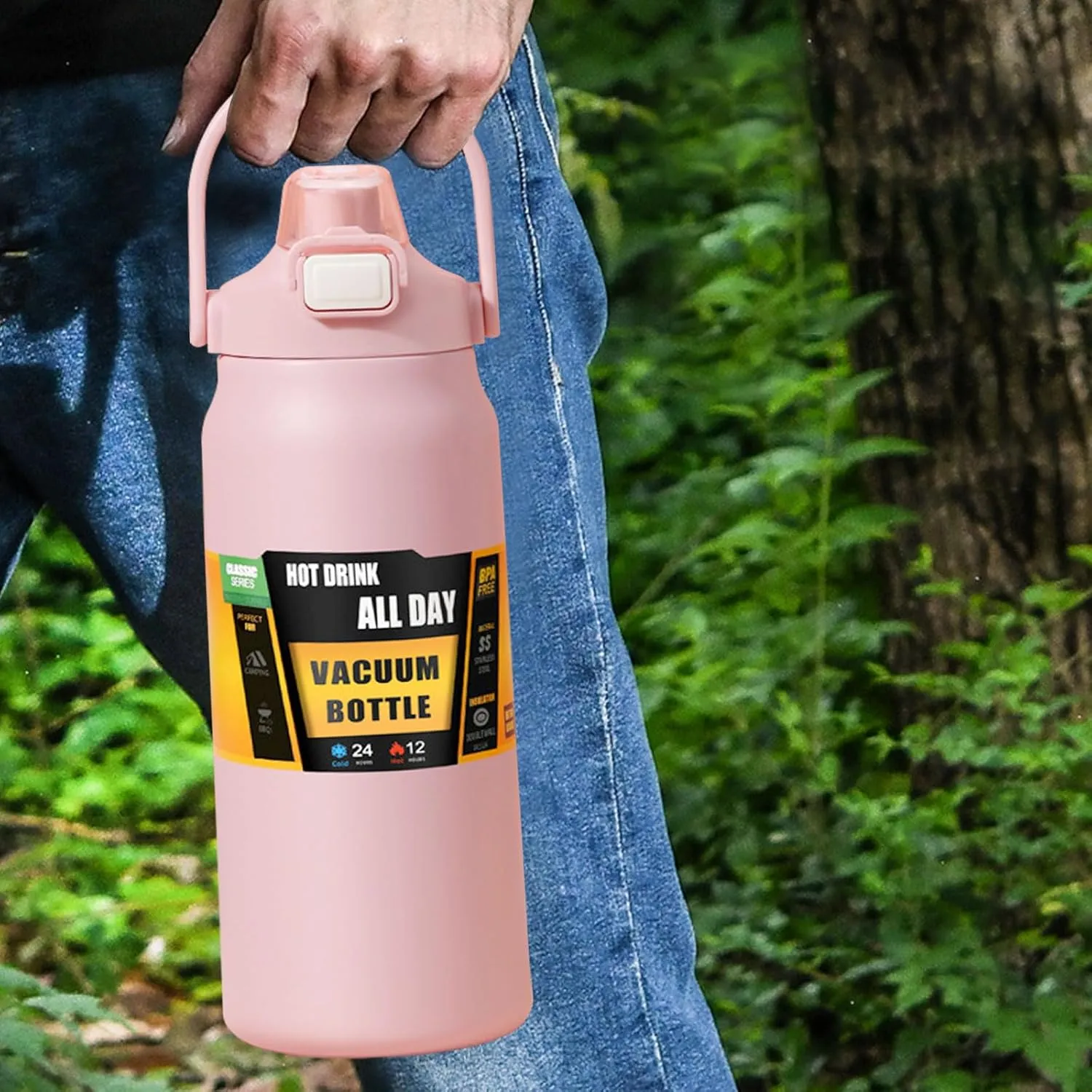 50oz /1500ml Insulated Water Bottle With Straw and Leakproof Lid, BPA Free Stainless Steel Wide Mouth Sports Water Bottle Cup With Portable Handle Double Wall Vacuum Keep Cold and Hot (pink)