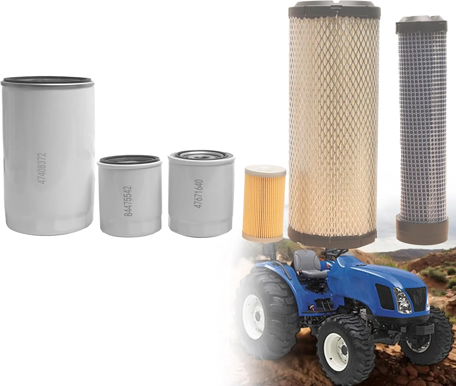 6 Pcs Filter Kit Fits for New Holland TC35A TC35D TC35DA TC40A TC40D TC40DA TC45A TC45DA Tractor Replaces Oil Filter 84475542, Fuel Filter 84477366, Hydro Filter 47671640, Air Filter 87682998 84539215