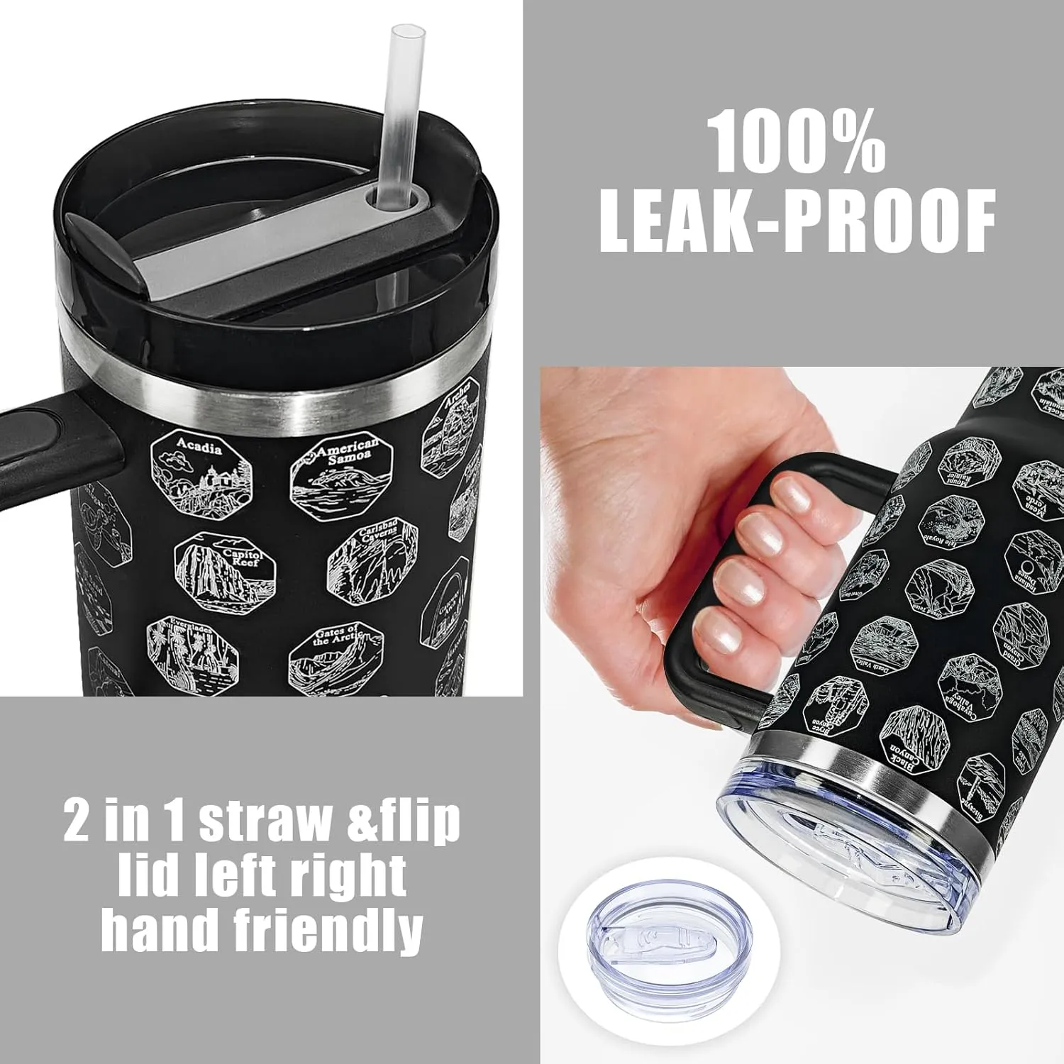 63 National Parks Water Bottle with Stickers,40 oz Tumbler with Handle and Straw,2 Lids,40 oz Double Wall Insulated Tumbler,Stainless Steel Leak Proof Tumbler,Travel Coffee Mug (Black)