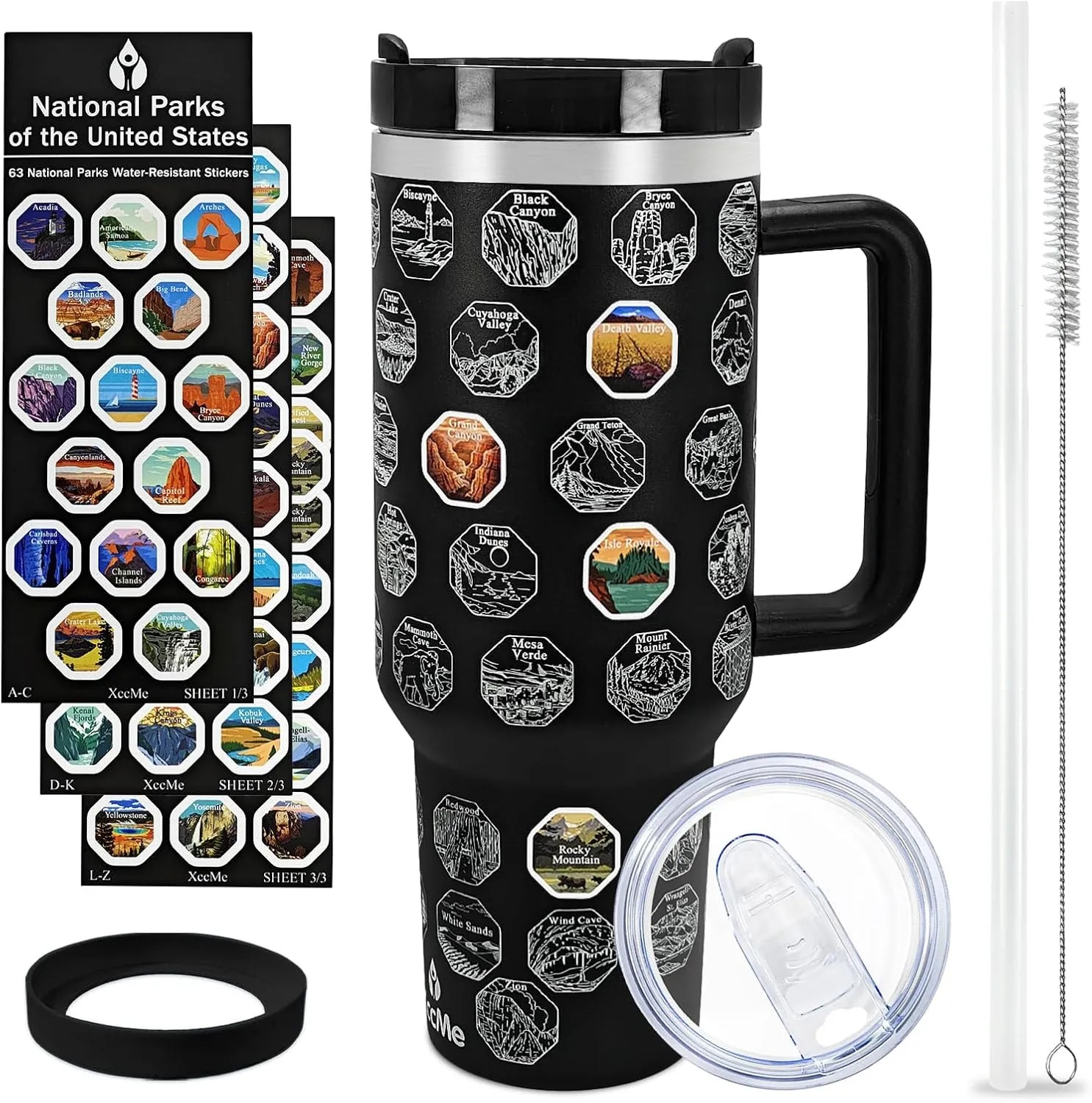 63 National Parks Water Bottle with Stickers,40 oz Tumbler with Handle and Straw,2 Lids,40 oz Double Wall Insulated Tumbler,Stainless Steel Leak Proof Tumbler,Travel Coffee Mug (Black)