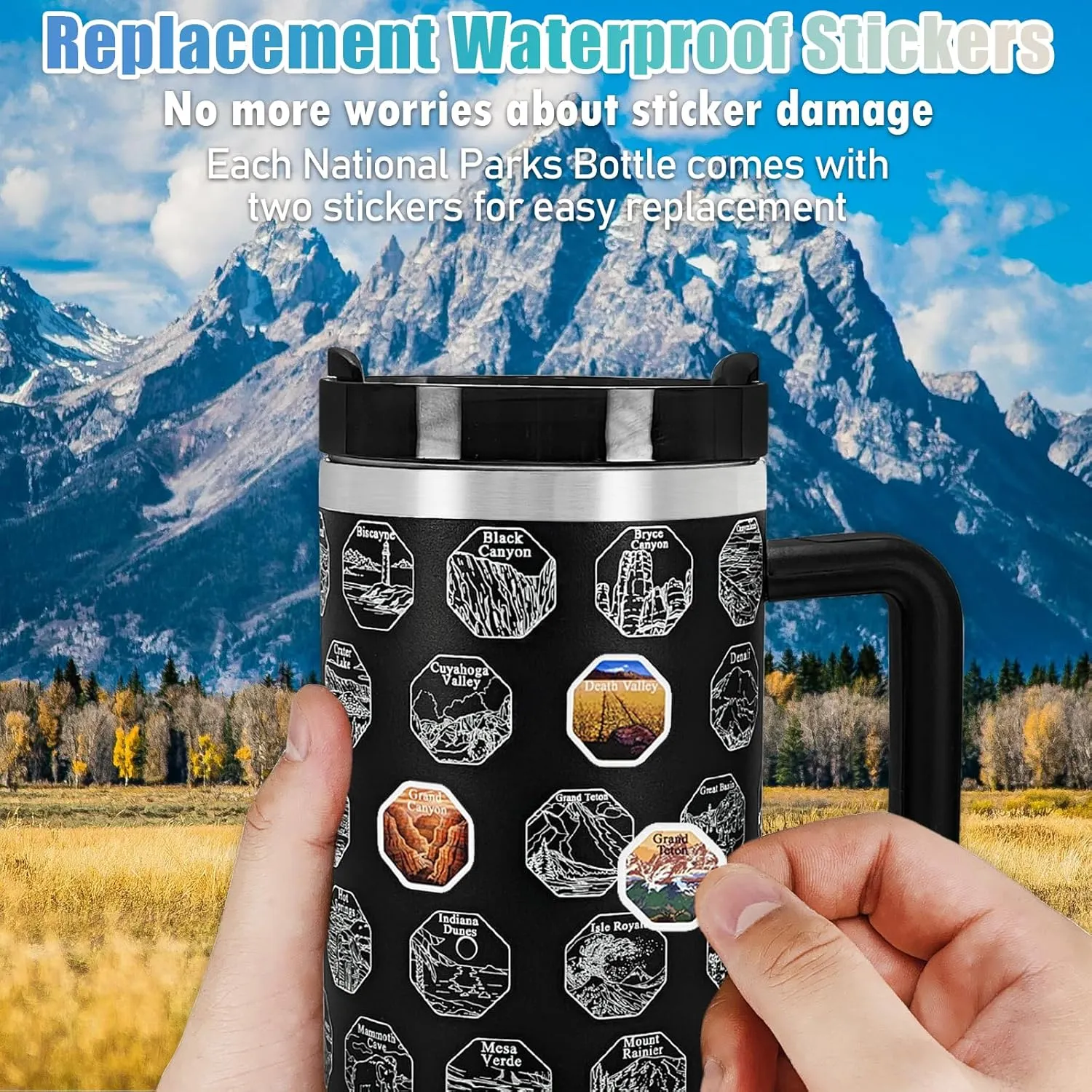 63 National Parks Water Bottle with Stickers,40 oz Tumbler with Handle and Straw,2 Lids,40 oz Double Wall Insulated Tumbler,Stainless Steel Leak Proof Tumbler,Travel Coffee Mug (Black)