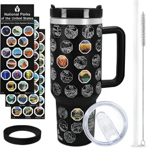 63 National Parks Water Bottle with Stickers,40 oz Tumbler with Handle and Straw,2 Lids,40 oz Double Wall Insulated Tumbler,Stainless Steel Leak Proof Tumbler,Travel Coffee Mug (Black)