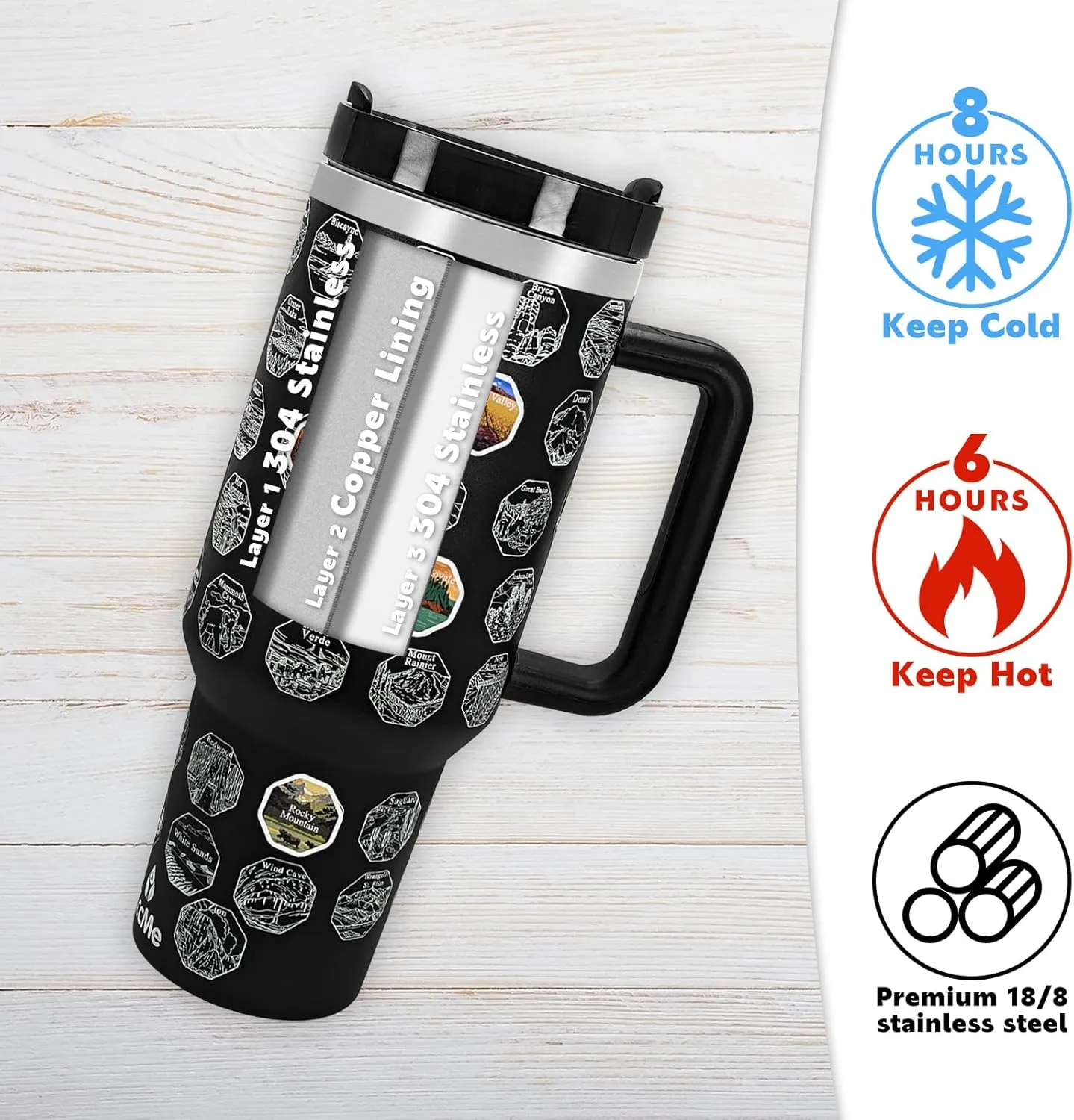 63 National Parks Water Bottle with Stickers,40 oz Tumbler with Handle and Straw,2 Lids,40 oz Double Wall Insulated Tumbler,Stainless Steel Leak Proof Tumbler,Travel Coffee Mug (Black)
