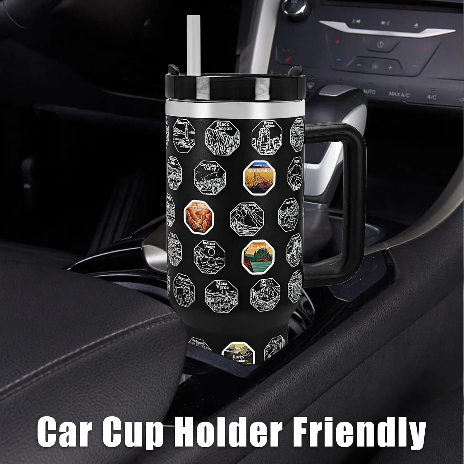 63 National Parks Water Bottle with Stickers,40 oz Tumbler with Handle and Straw,2 Lids,40 oz Double Wall Insulated Tumbler,Stainless Steel Leak Proof Tumbler,Travel Coffee Mug (Black)