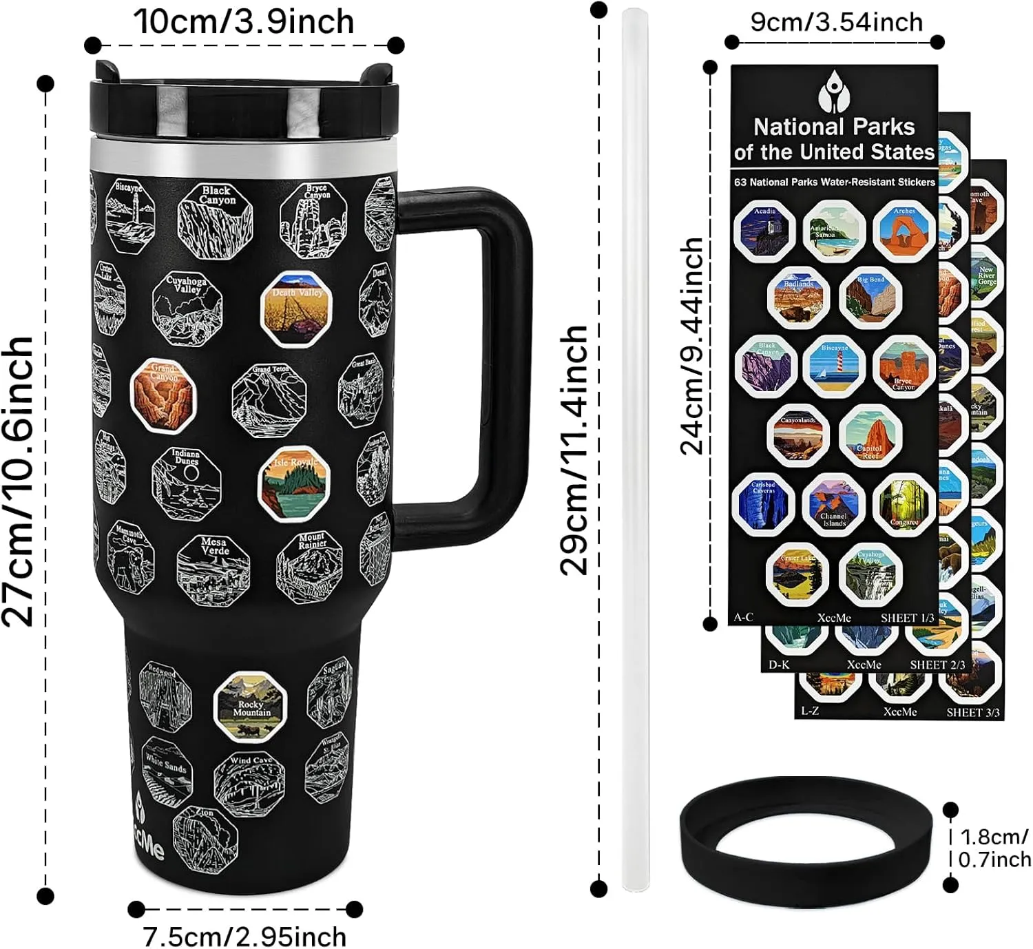 63 National Parks Water Bottle with Stickers,40 oz Tumbler with Handle and Straw,2 Lids,40 oz Double Wall Insulated Tumbler,Stainless Steel Leak Proof Tumbler,Travel Coffee Mug (Black)
