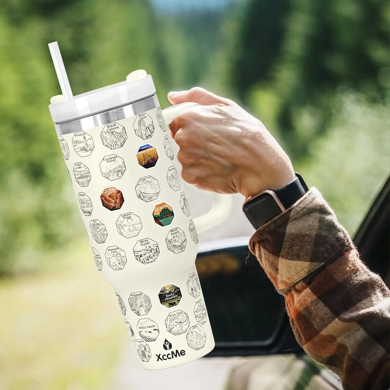 63 National Parks Water Bottle with Stickers,40 oz Tumbler with Handle and Straw,2 Lids,40 oz Double Wall Insulated Tumbler,Stainless Steel Leak Proof Tumbler,Travel Coffee Mug (Cream)