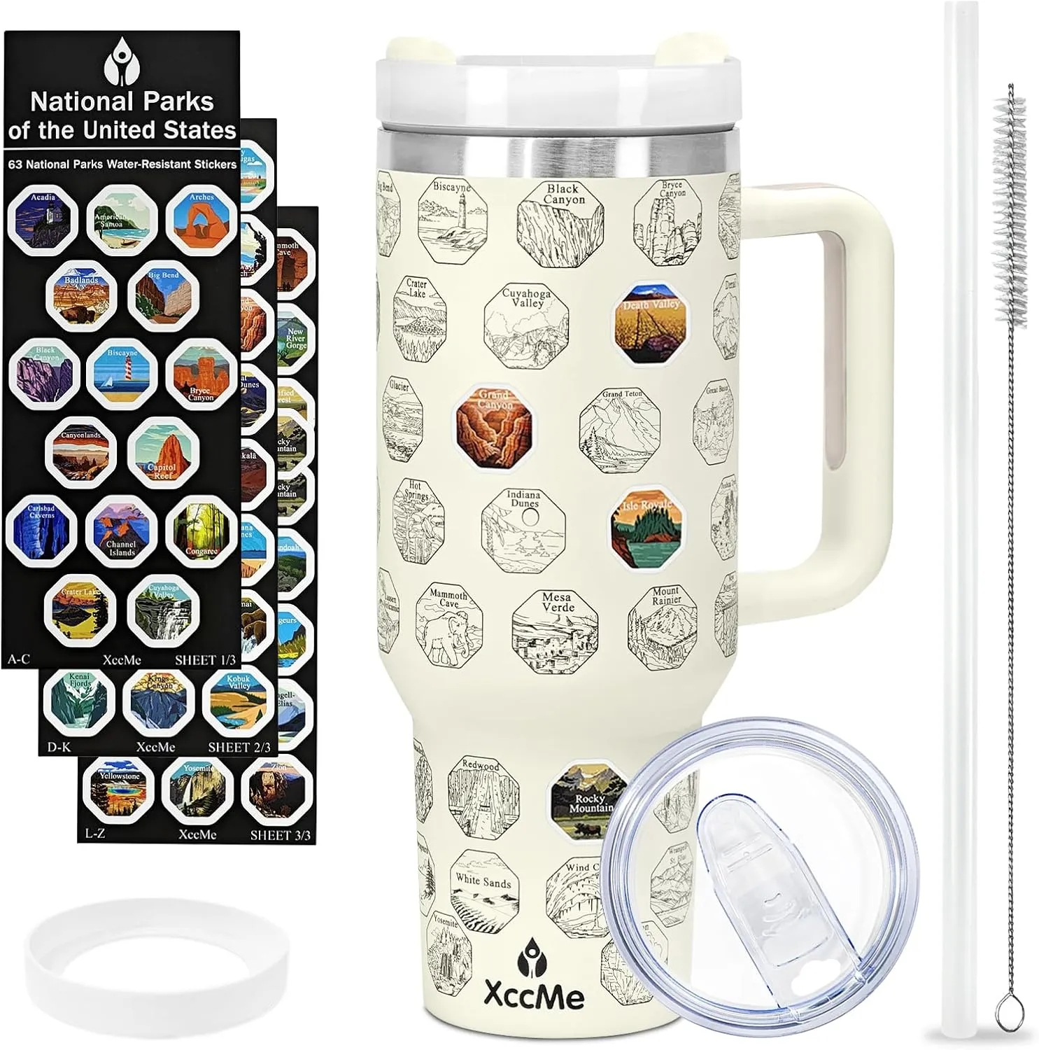 63 National Parks Water Bottle with Stickers,40 oz Tumbler with Handle and Straw,2 Lids,40 oz Double Wall Insulated Tumbler,Stainless Steel Leak Proof Tumbler,Travel Coffee Mug (Cream)