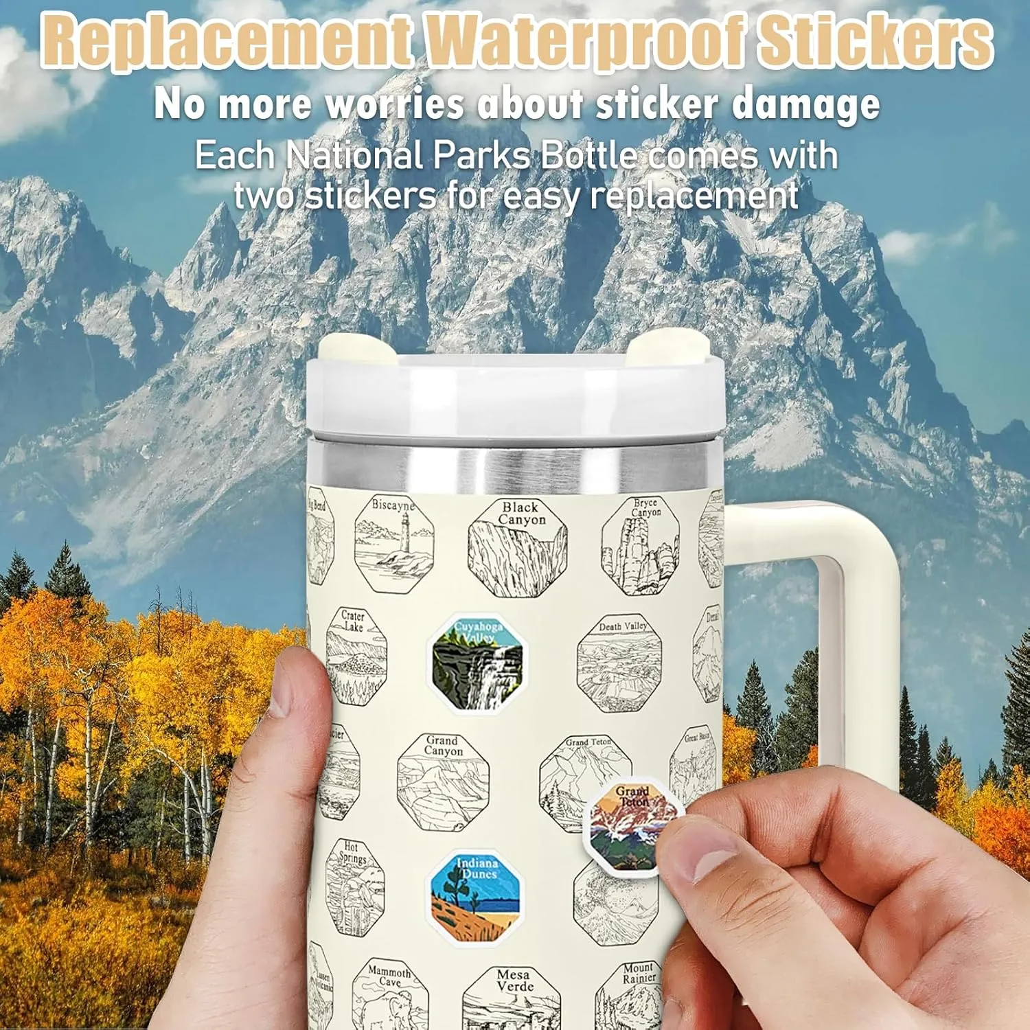 63 National Parks Water Bottle with Stickers,40 oz Tumbler with Handle and Straw,2 Lids,40 oz Double Wall Insulated Tumbler,Stainless Steel Leak Proof Tumbler,Travel Coffee Mug (Cream)