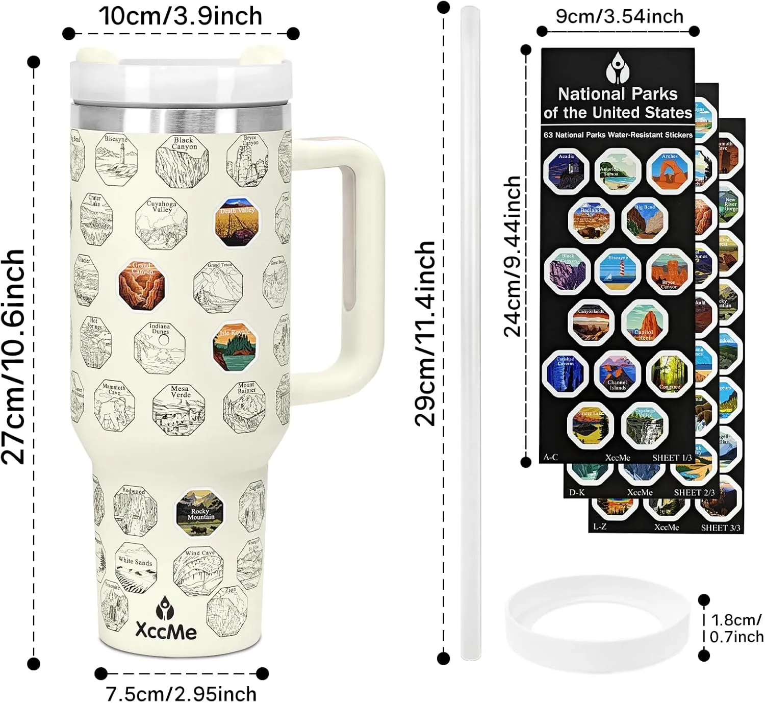 63 National Parks Water Bottle with Stickers,40 oz Tumbler with Handle and Straw,2 Lids,40 oz Double Wall Insulated Tumbler,Stainless Steel Leak Proof Tumbler,Travel Coffee Mug (Cream)