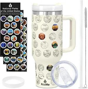 63 National Parks Water Bottle with Stickers,40 oz Tumbler with Handle and Straw,2 Lids,40 oz Double Wall Insulated Tumbler,Stainless Steel Leak Proof Tumbler,Travel Coffee Mug (Cream)