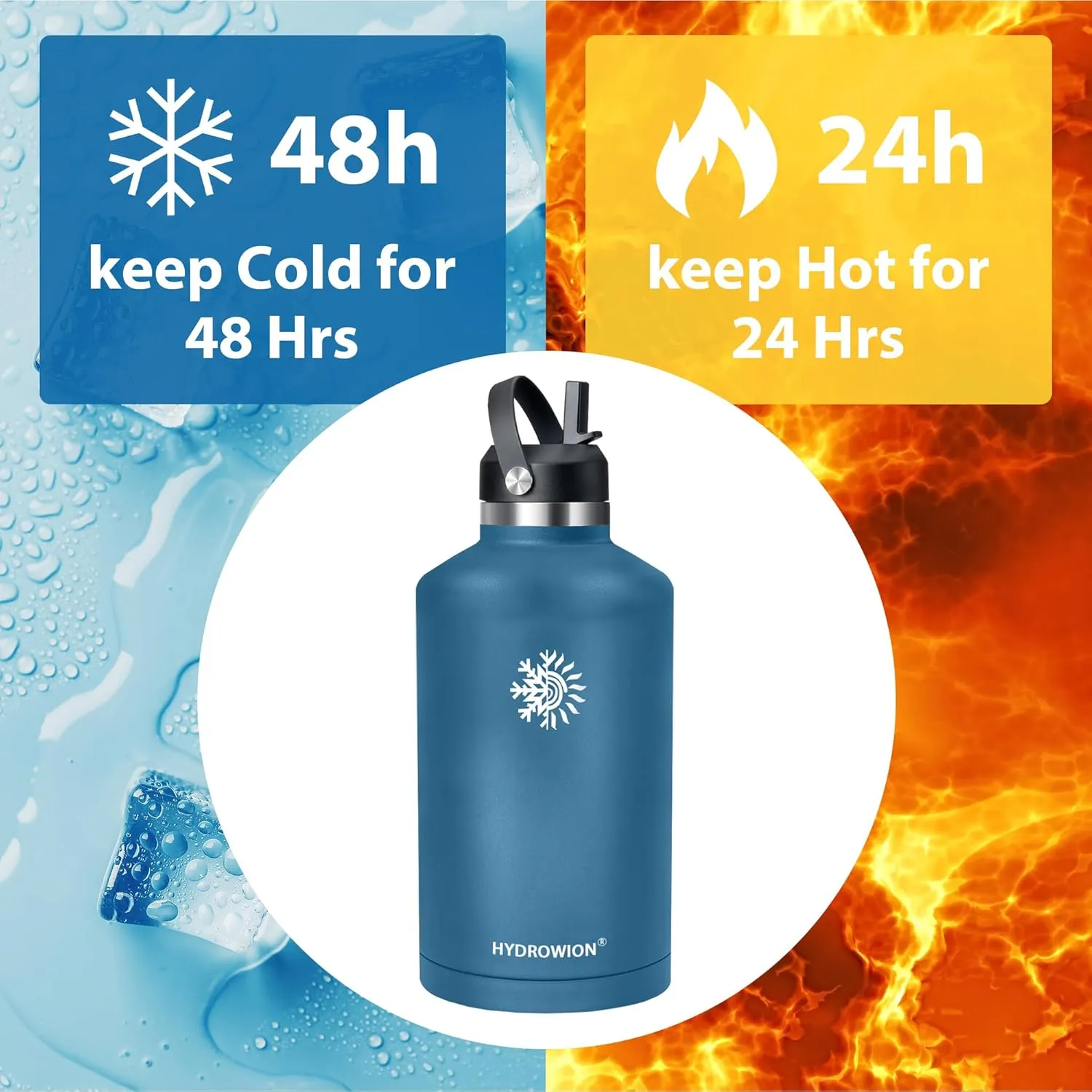 64 oz Water Bottle with 2 Lids, Half Gallon Double Wall Vacuum Insulated Stainless Steel Water Jug, Includes Carrying Pouch, Wide Mouth Metal Canteen for Gym, Sports, and Camping, Cobalt.