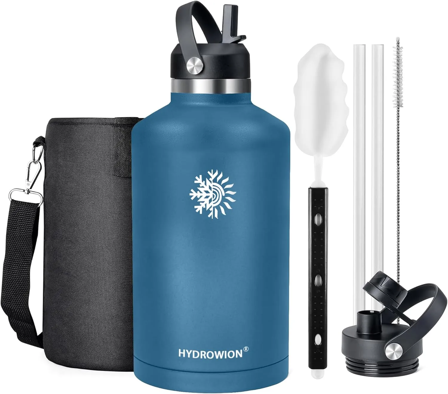 64 oz Water Bottle with 2 Lids, Half Gallon Double Wall Vacuum Insulated Stainless Steel Water Jug, Includes Carrying Pouch, Wide Mouth Metal Canteen for Gym, Sports, and Camping, Cobalt.