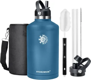 64 oz Water Bottle with 2 Lids, Half Gallon Double Wall Vacuum Insulated Stainless Steel Water Jug, Includes Carrying Pouch, Wide Mouth Metal Canteen for Gym, Sports, and Camping, Cobalt.