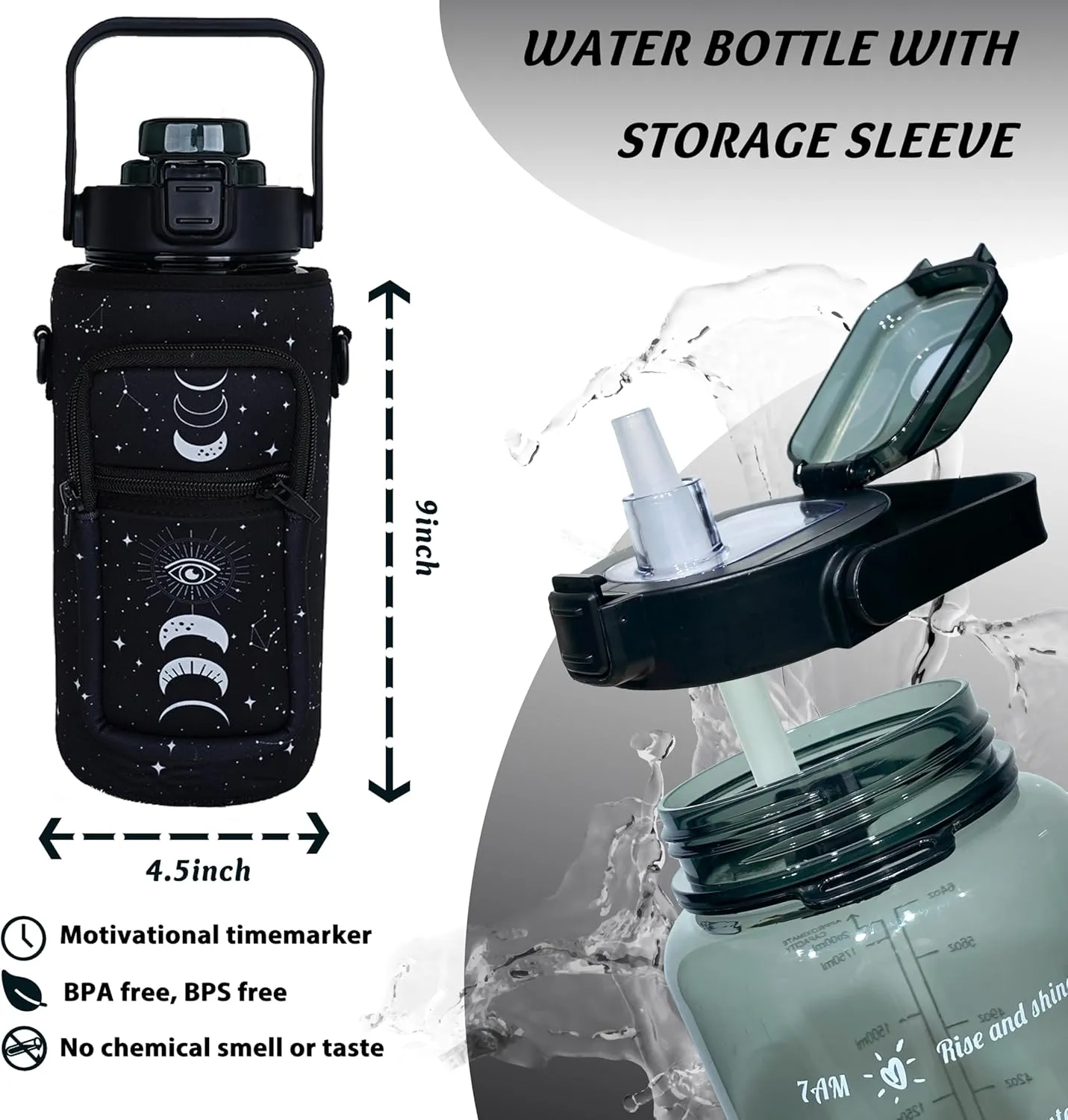 64 oz Water Bottle with Straw Sleeve & Strap Motivational Half Gallon Water Jug with Handle for Gym Women Men Aesthetic Water Bottle with Strap Star Sign