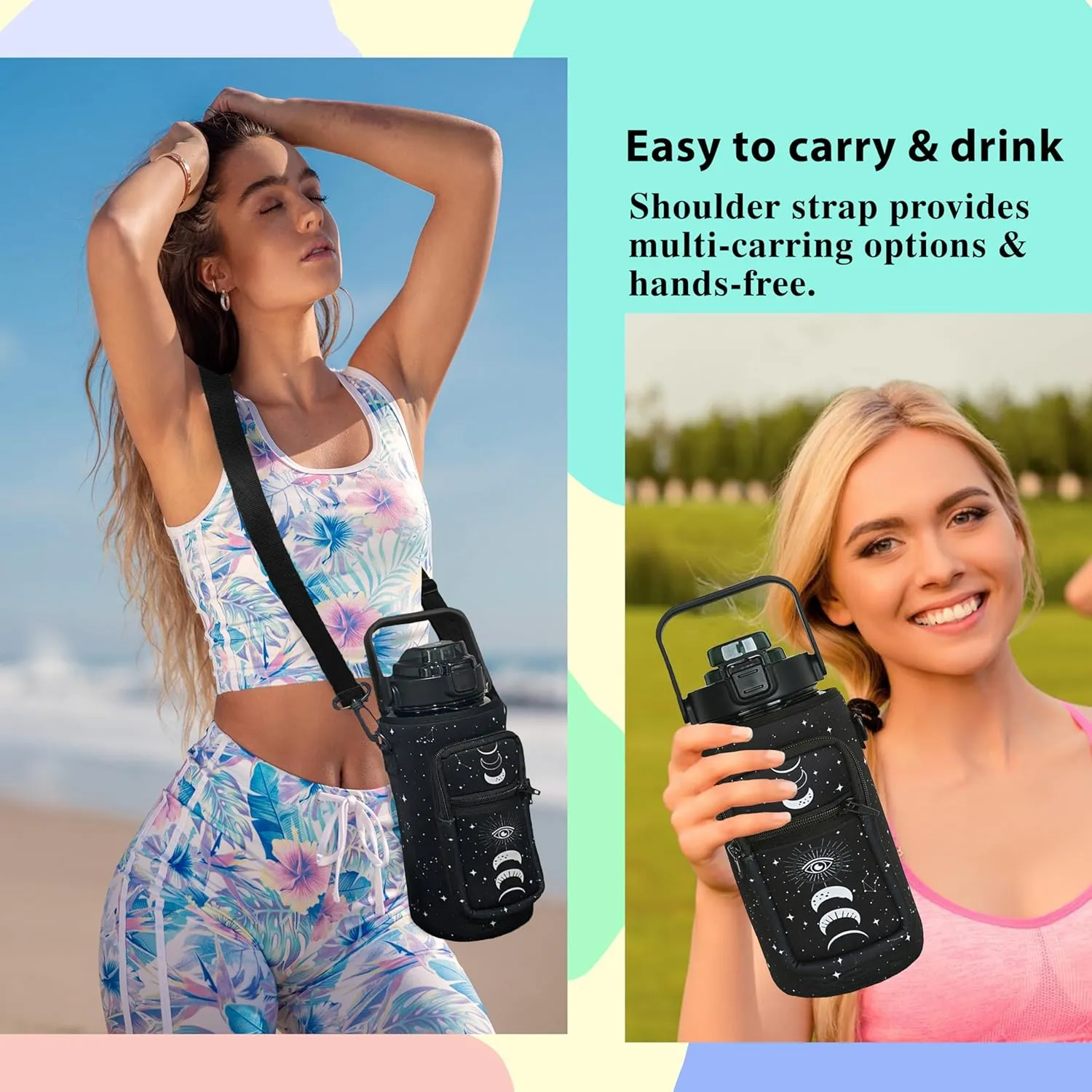 64 oz Water Bottle with Straw Sleeve & Strap Motivational Half Gallon Water Jug with Handle for Gym Women Men Aesthetic Water Bottle with Strap Star Sign