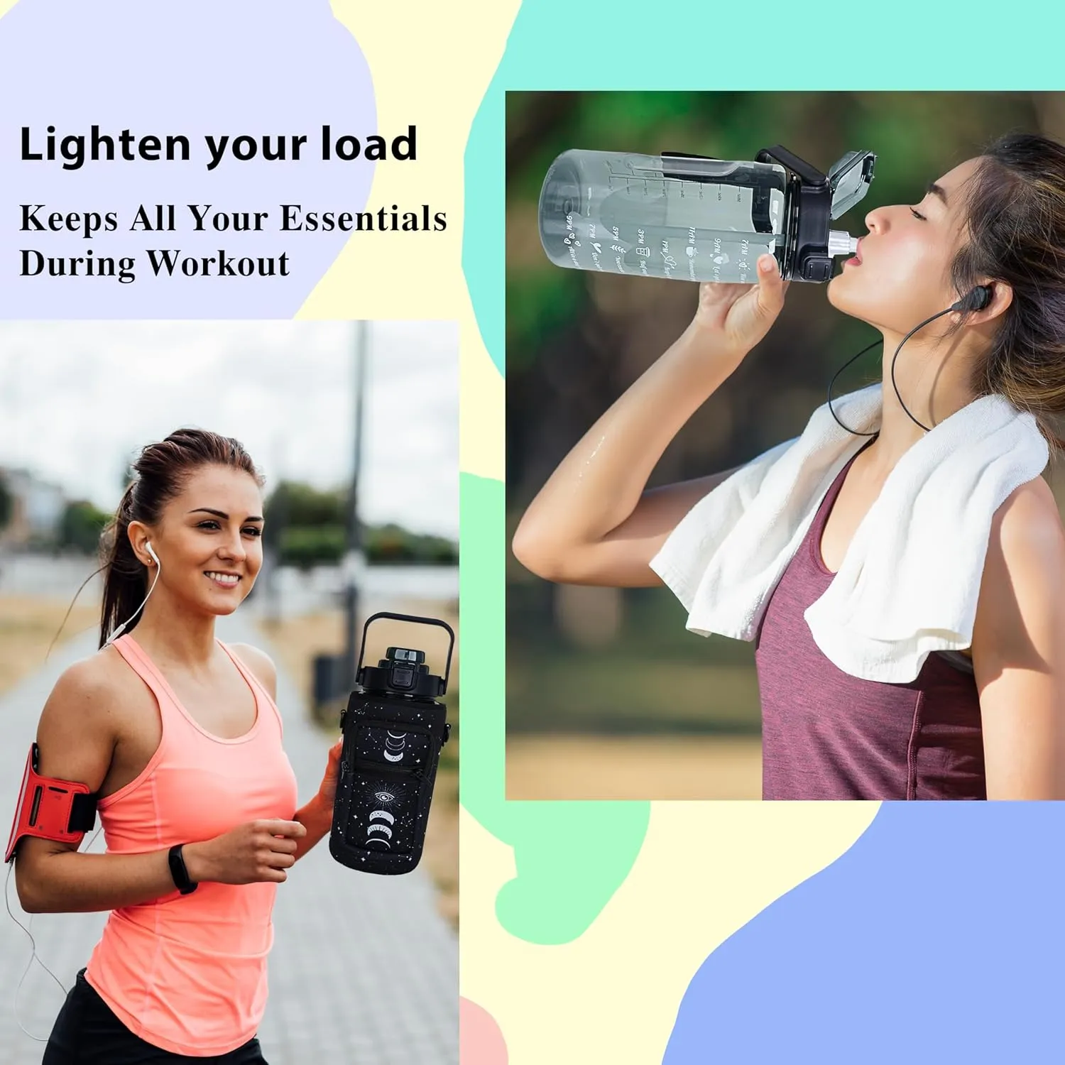 64 oz Water Bottle with Straw Sleeve & Strap Motivational Half Gallon Water Jug with Handle for Gym Women Men Aesthetic Water Bottle with Strap Star Sign